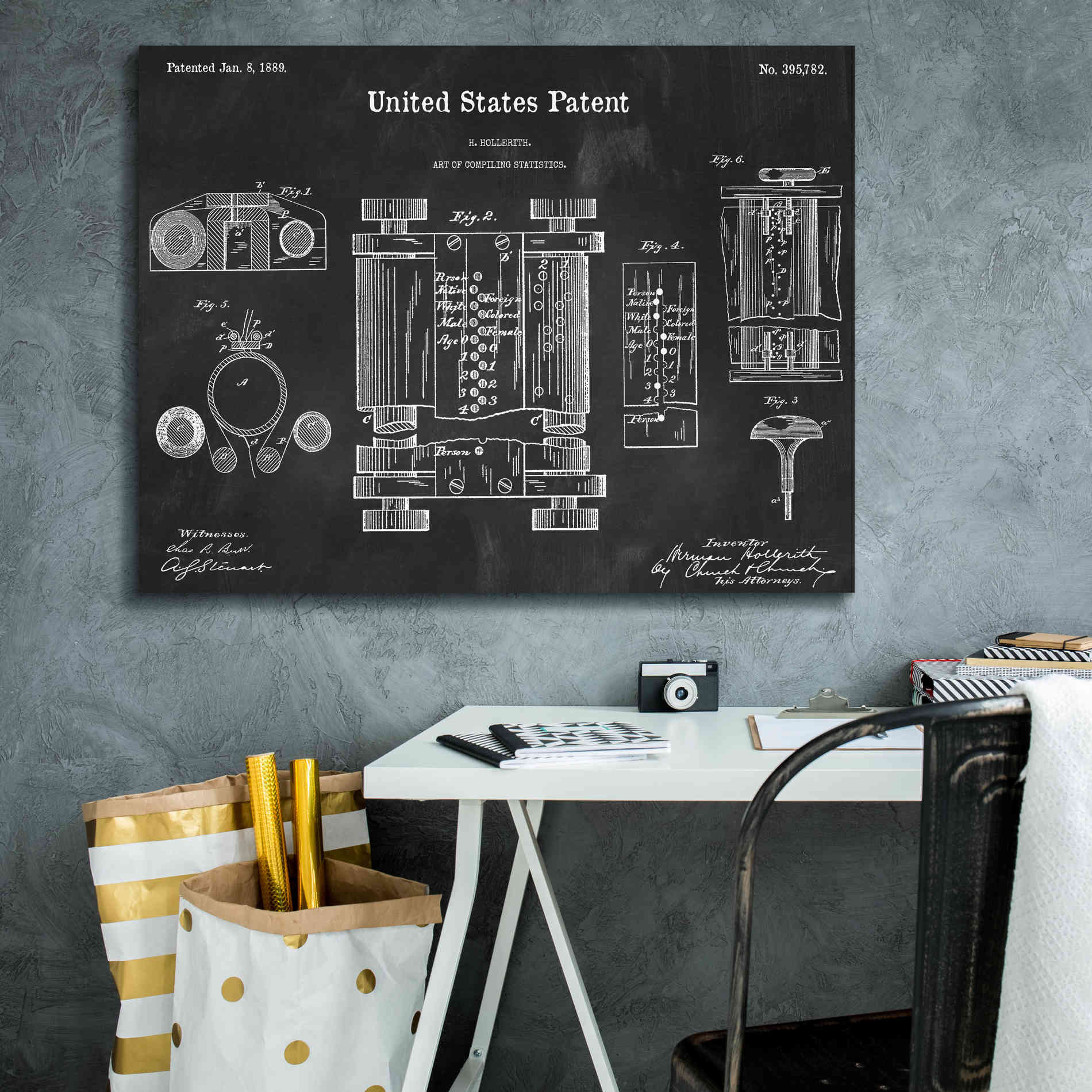 'Tubular Machine Blueprint Patent Chalkboard,' Canvas Wall Art,34 x 26