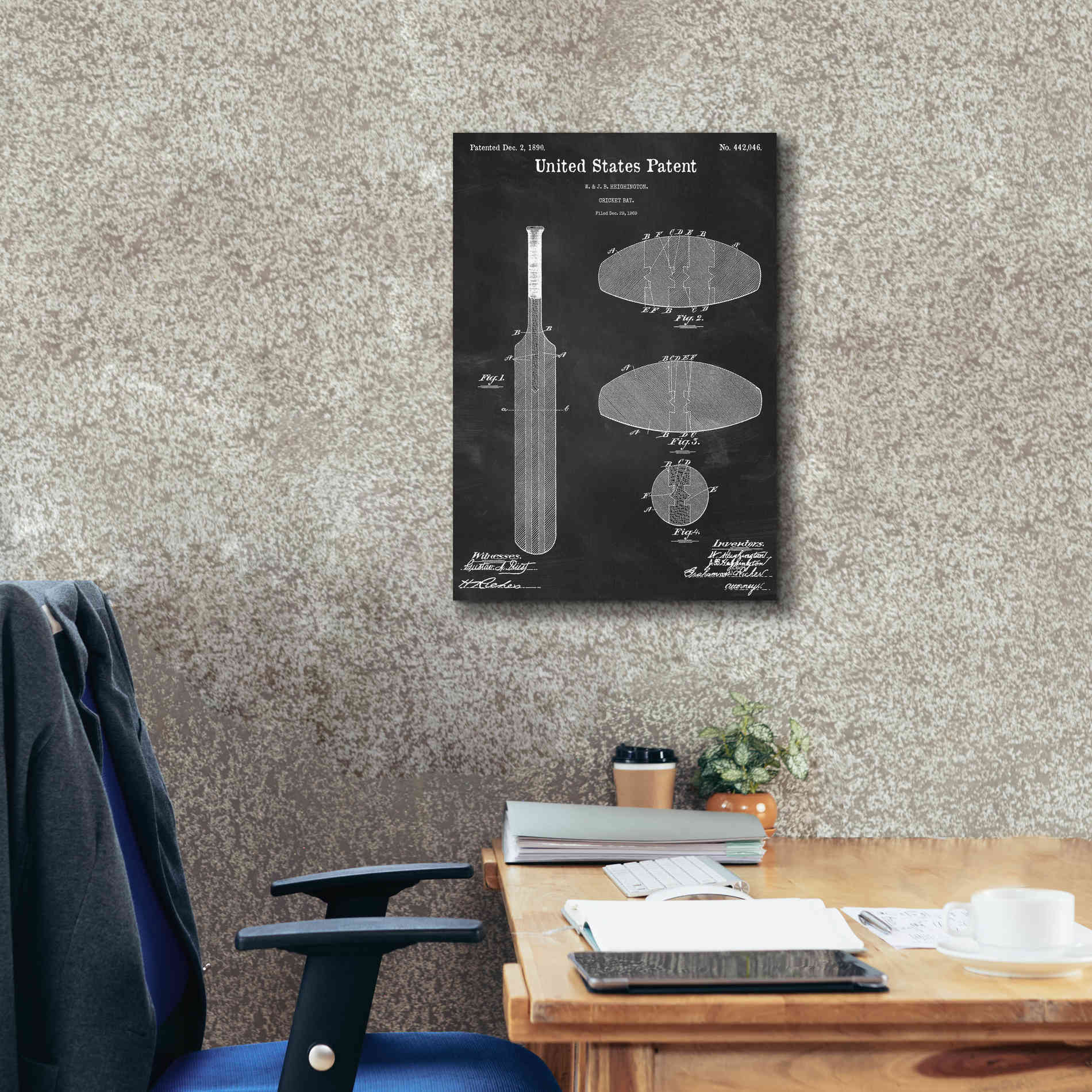 'Cricket Bat Blueprint Patent Chalkboard,' Canvas Wall Art,18 x 26
