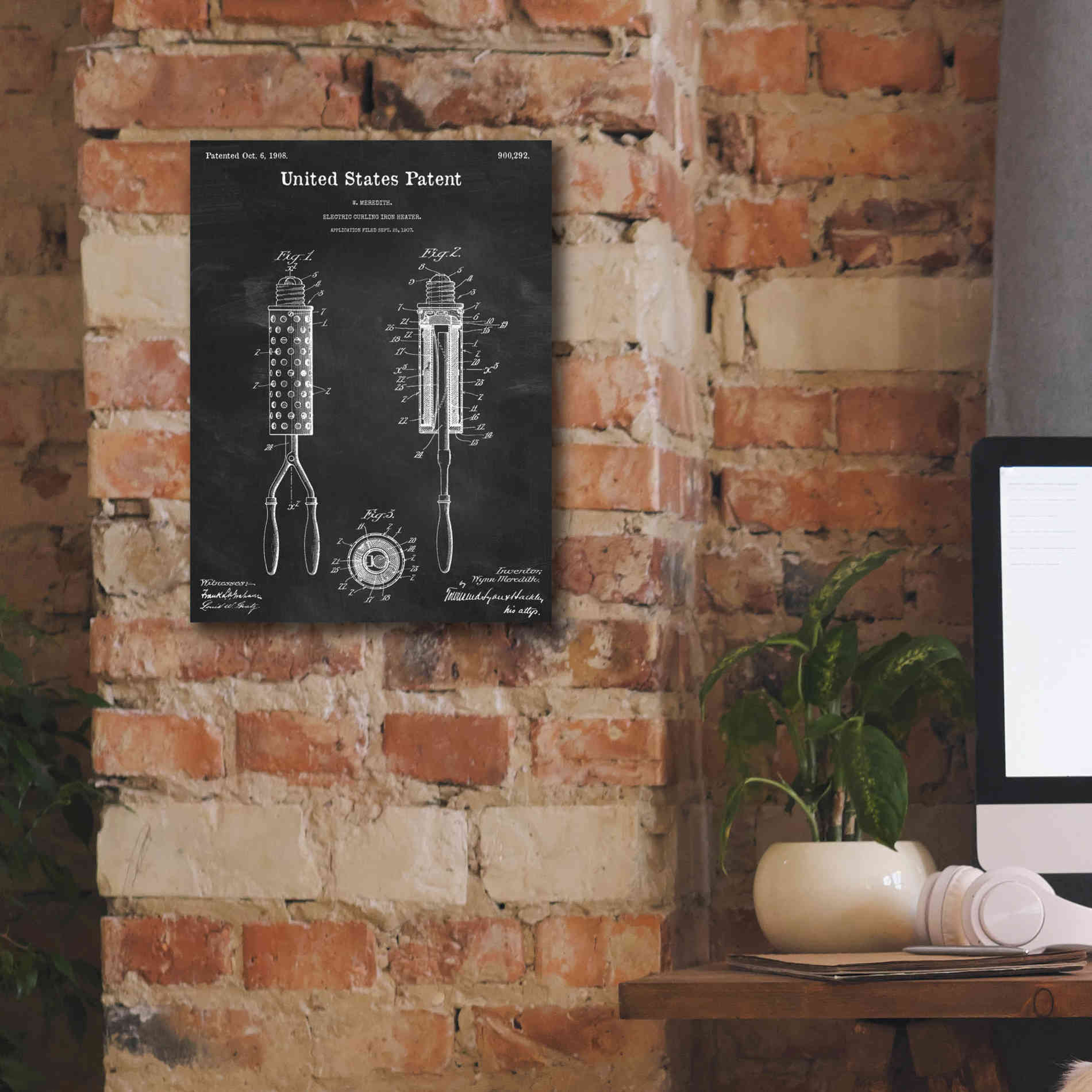 'Curling Iron Blueprint Patent Chalkboard,' Canvas Wall Art,12 x 16