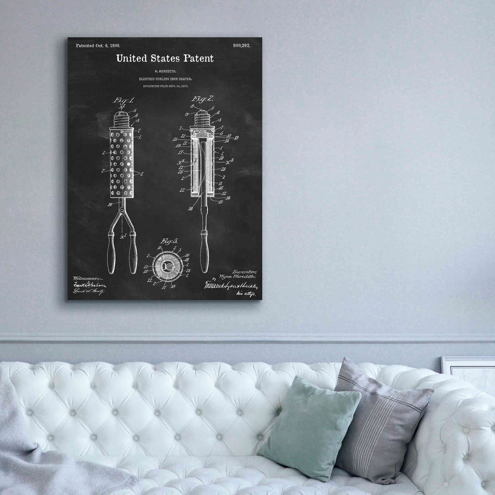 'Curling Iron Blueprint Patent Chalkboard,' Canvas Wall Art,40 x 54