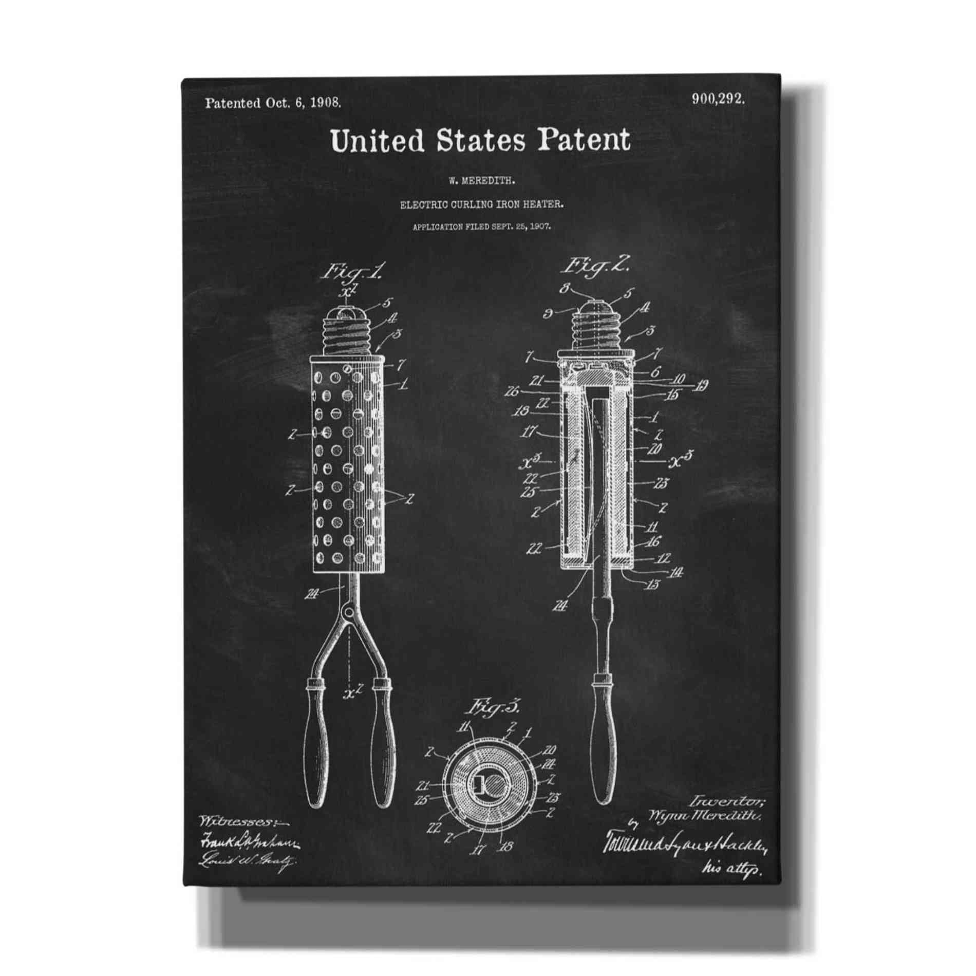 'Curling Iron Blueprint Patent Chalkboard,' Canvas Wall Art,12x16x1.1x0,18x26x1.1x0,26x34x1.74x0,40x54x1.74x0