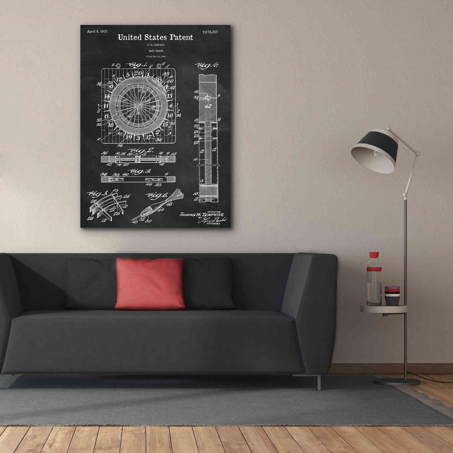 'Darts Game Blueprint Patent Chalkboard,' Canvas Wall Art,40 x 54