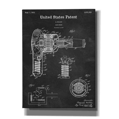 Image of 'Hair Dryer Blueprint Patent Chalkboard,' Canvas Wall Art,12x16x1.1x0,18x26x1.1x0,26x34x1.74x0,40x54x1.74x0