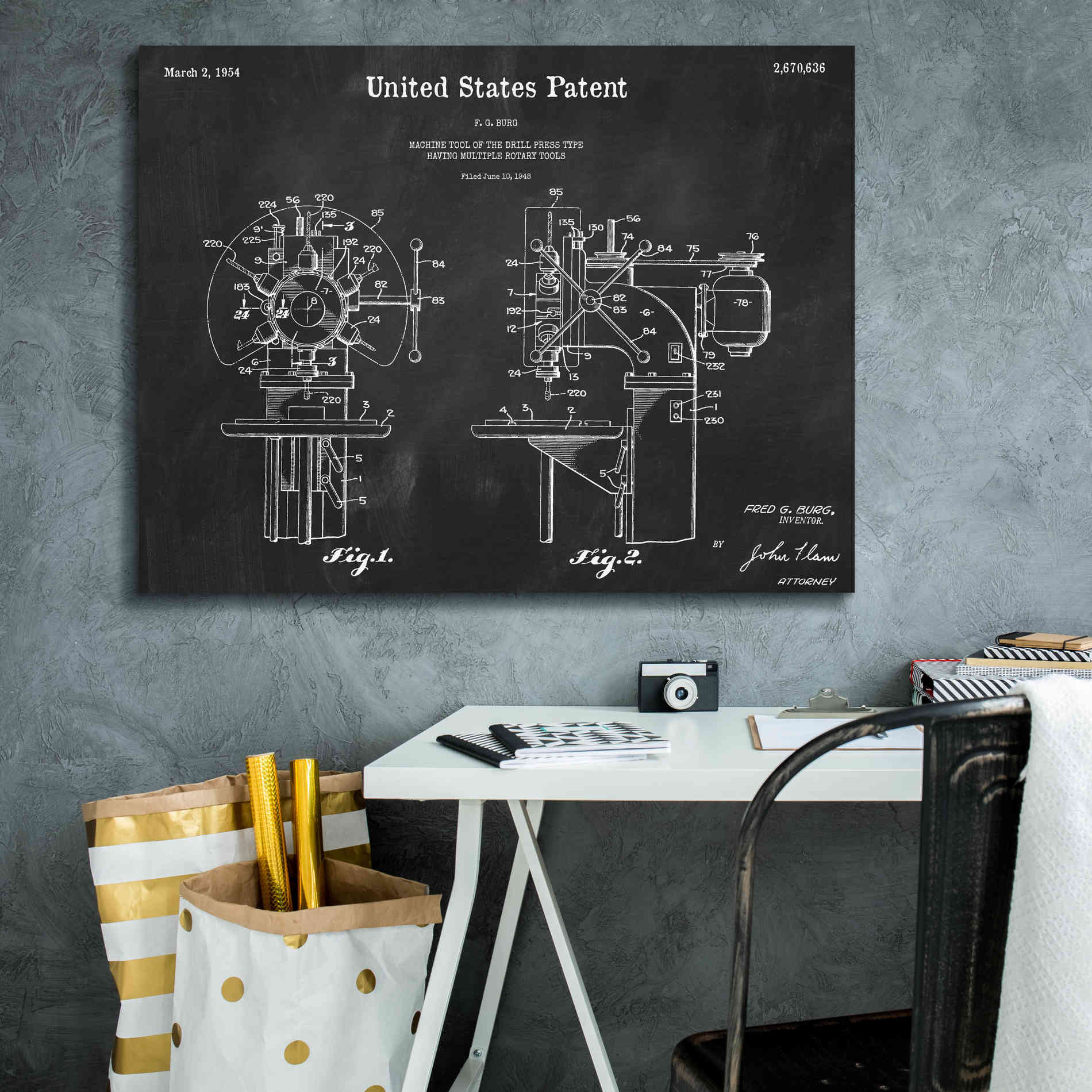 'Drill Press Blueprint Patent Chalkboard,' Canvas Wall Art,34 x 26