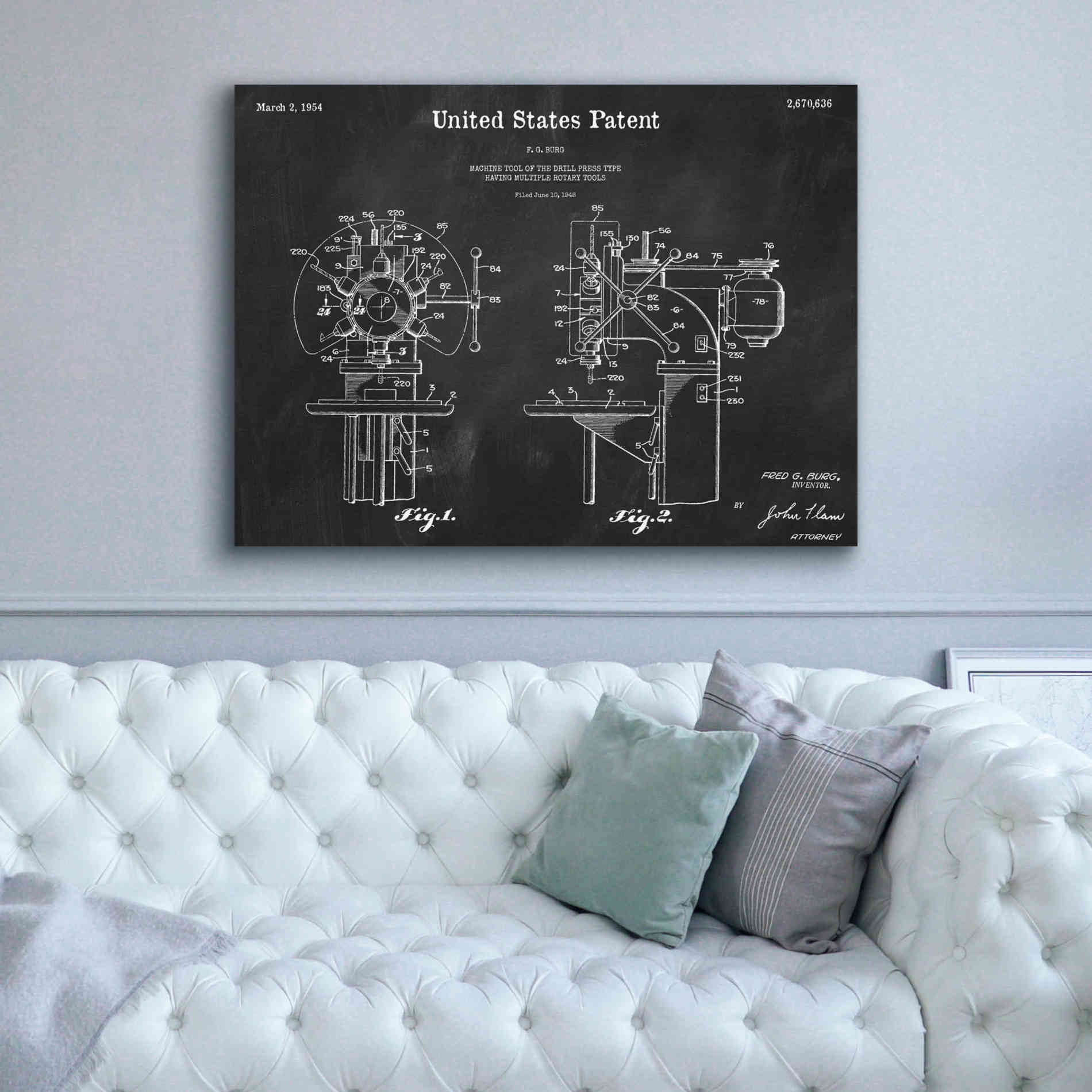 'Drill Press Blueprint Patent Chalkboard,' Canvas Wall Art,54 x 40