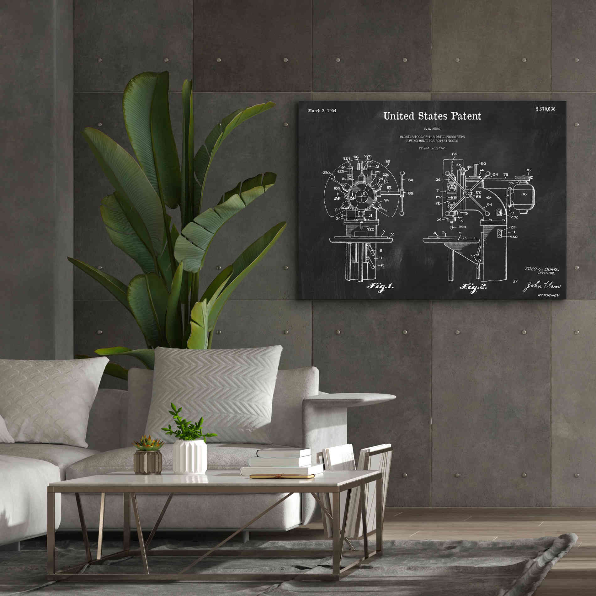 'Drill Press Blueprint Patent Chalkboard,' Canvas Wall Art,54 x 40