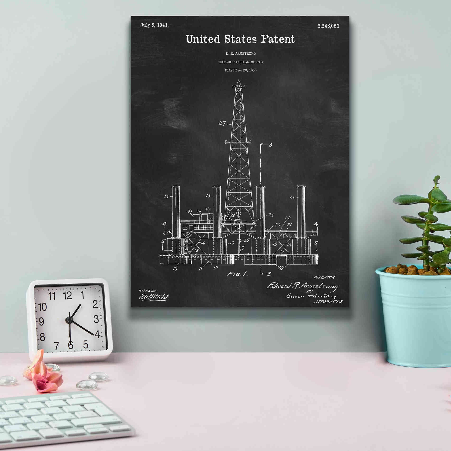 'Drilling Rig Blueprint Patent Chalkboard,' Canvas Wall Art,12 x 16