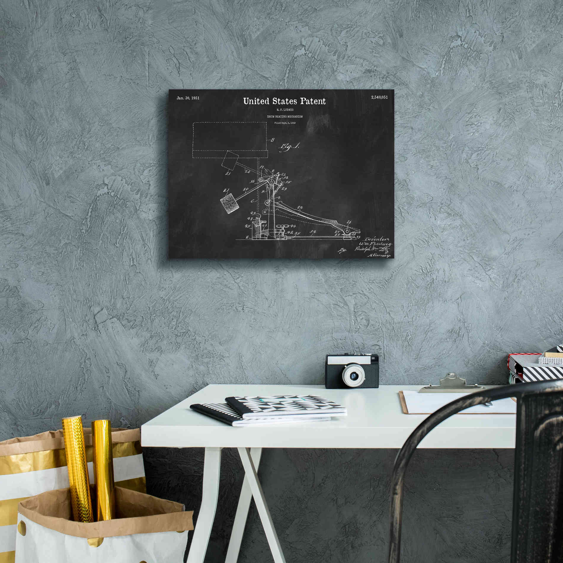 'Drum Beating Mechanism Blueprint Patent Chalkboard,' Canvas Wall Art,16 x 12
