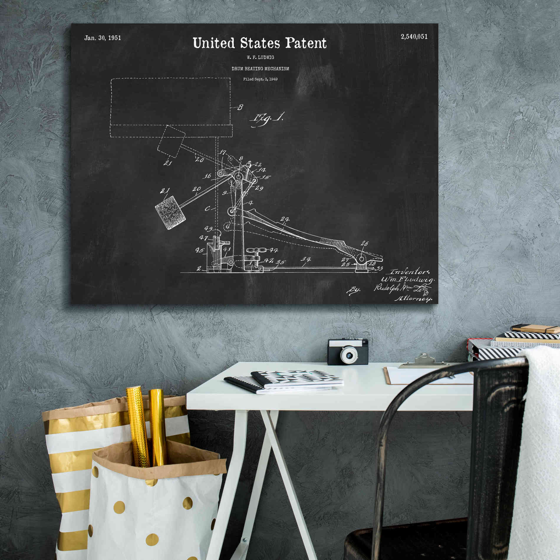 'Drum Beating Mechanism Blueprint Patent Chalkboard,' Canvas Wall Art,34 x 26
