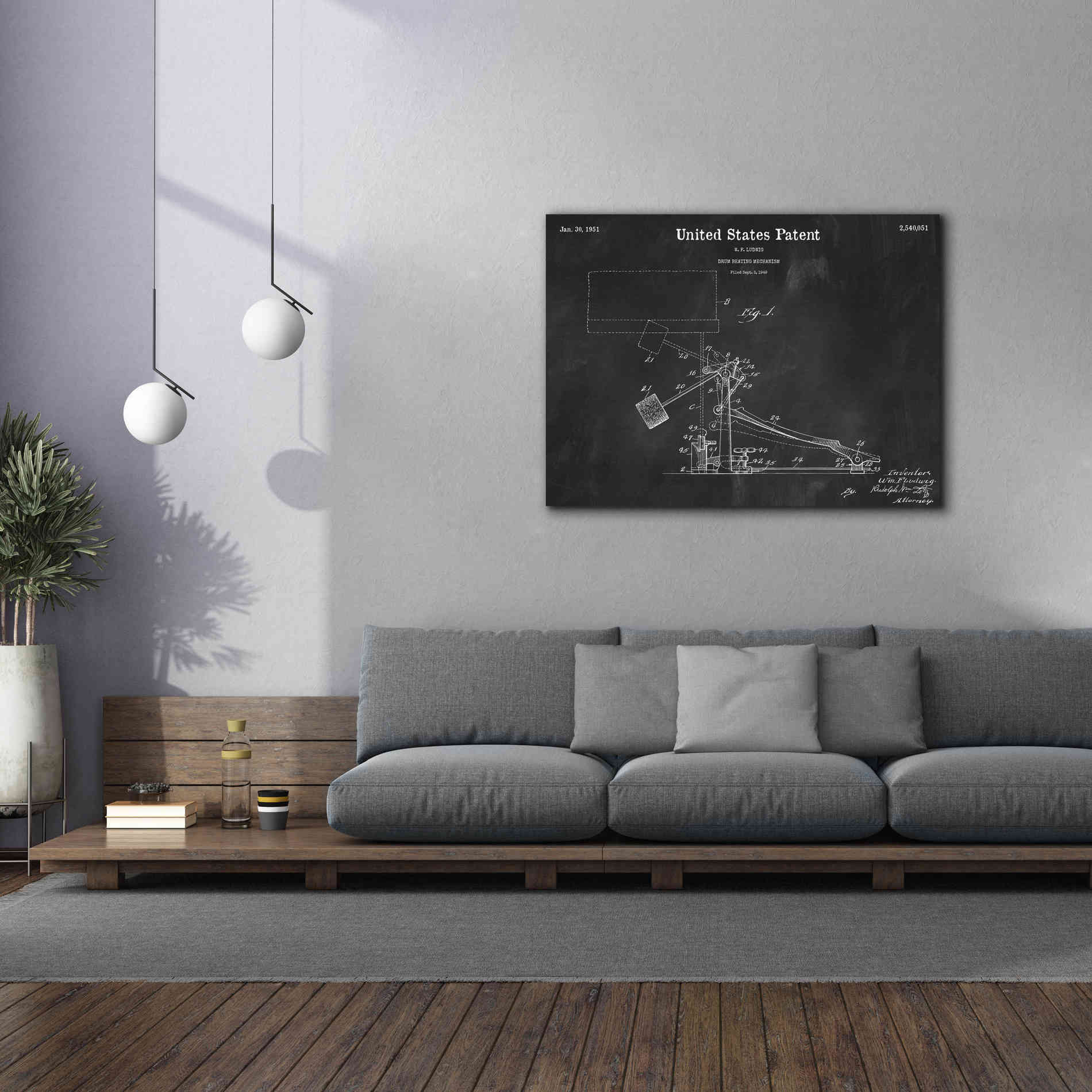 'Drum Beating Mechanism Blueprint Patent Chalkboard,' Canvas Wall Art,54 x 40
