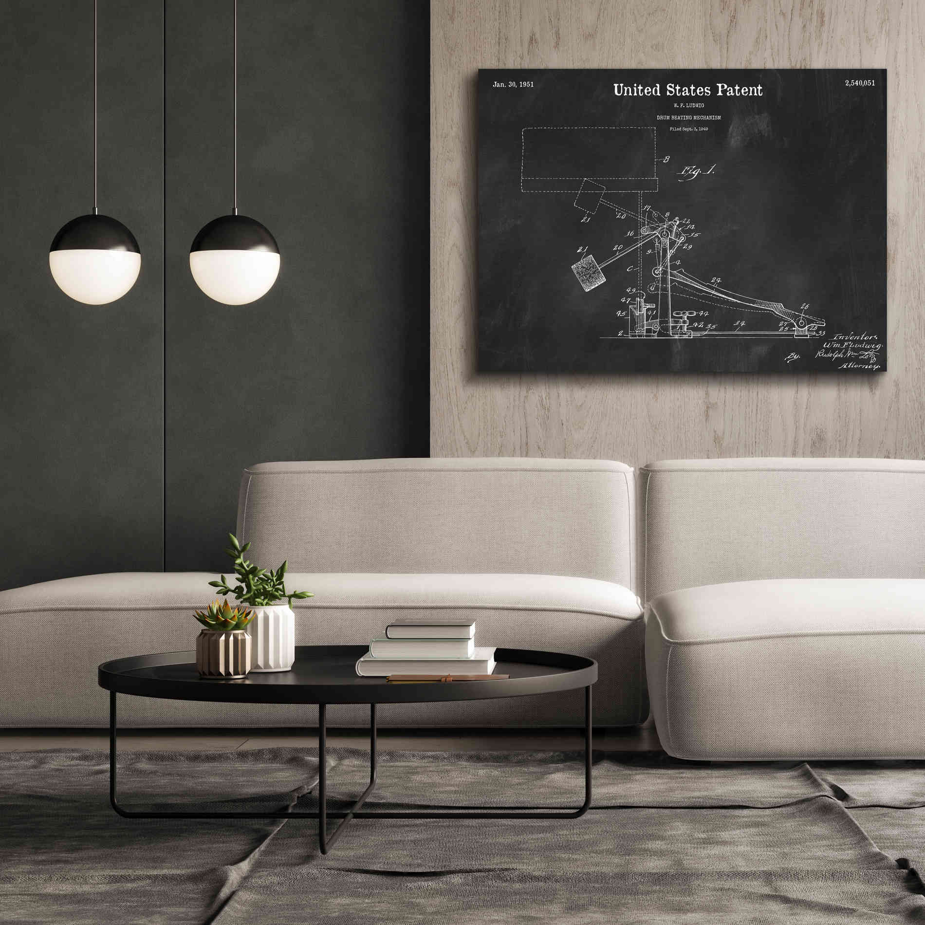 'Drum Beating Mechanism Blueprint Patent Chalkboard,' Canvas Wall Art,54 x 40