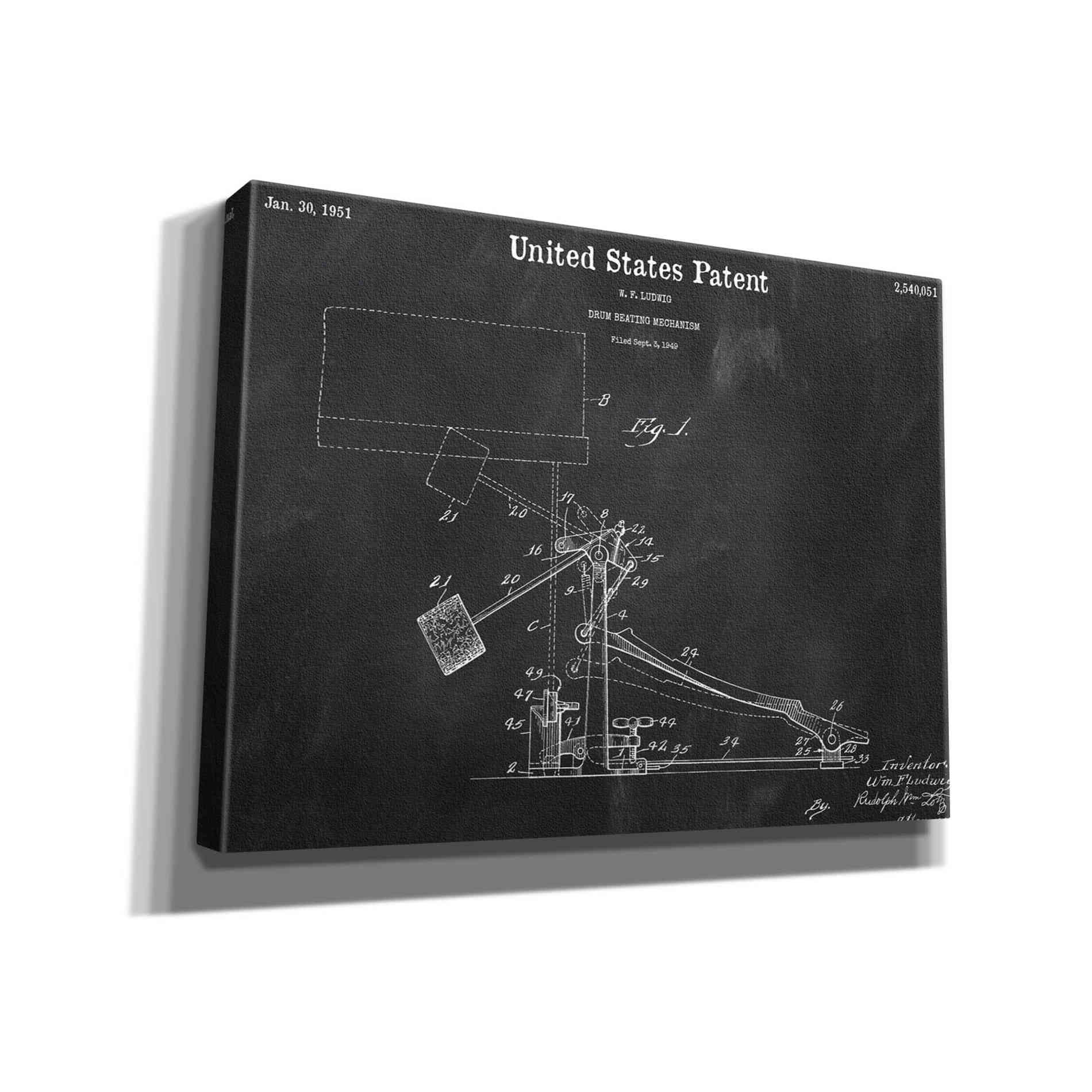'Drum Beating Mechanism Blueprint Patent Chalkboard,' Canvas Wall Art,16x12x1.1x0,26x18x1.1x0,34x26x1.74x0,54x40x1.74x0