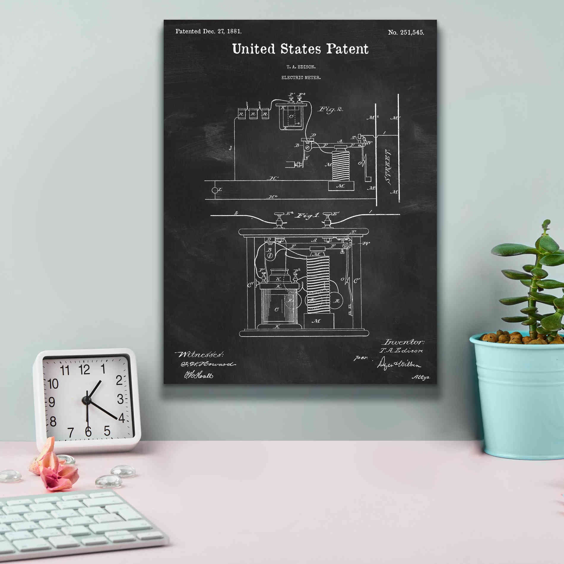 'Edison Electric Meter Blueprint Patent Chalkboard,' Canvas Wall Art,12 x 16
