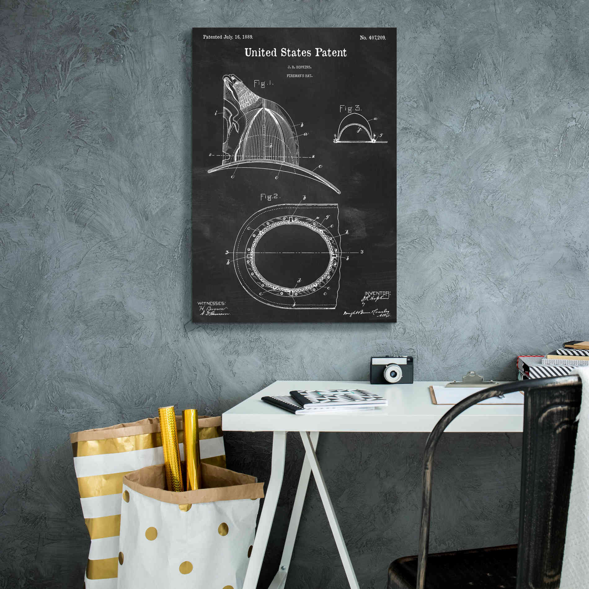 'Fireman's Hat Blueprint Patent Chalkboard,' Canvas Wall Art,18 x 26