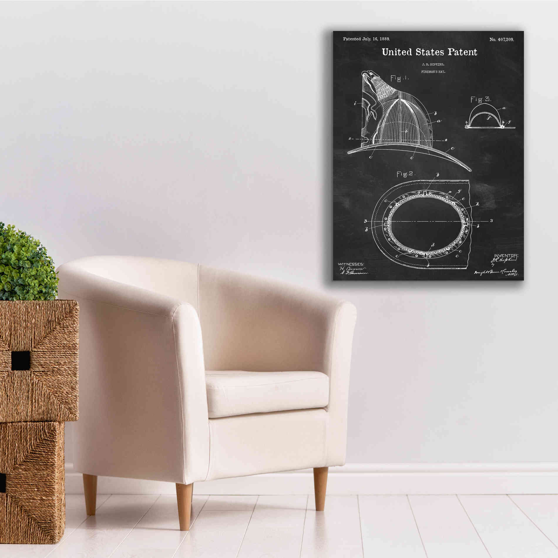 'Fireman's Hat Blueprint Patent Chalkboard,' Canvas Wall Art,26 x 34