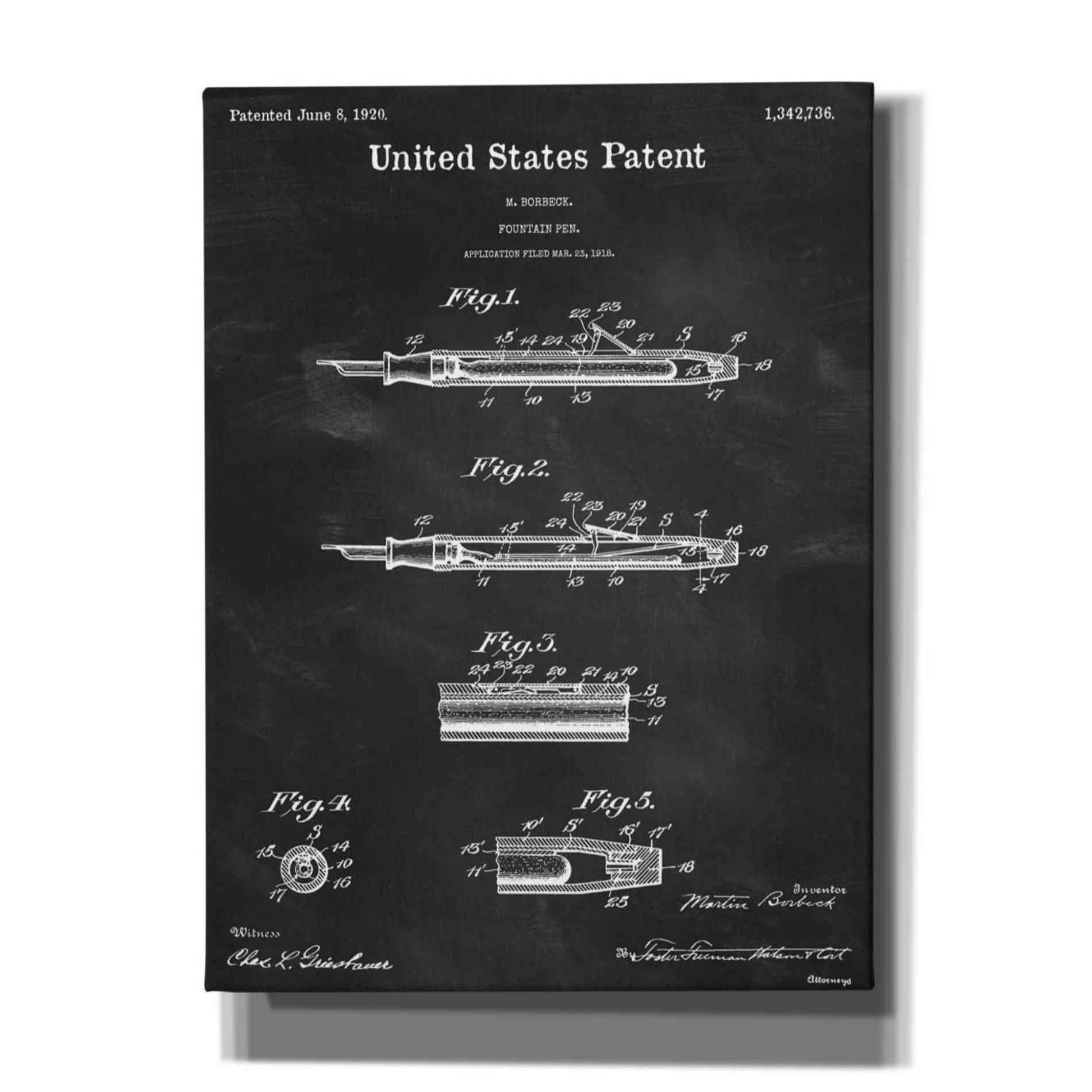 'Fountain Pen Blueprint Patent Chalkboard,' Canvas Wall Art,12x16x1.1x0,18x26x1.1x0,26x34x1.74x0,40x54x1.74x0
