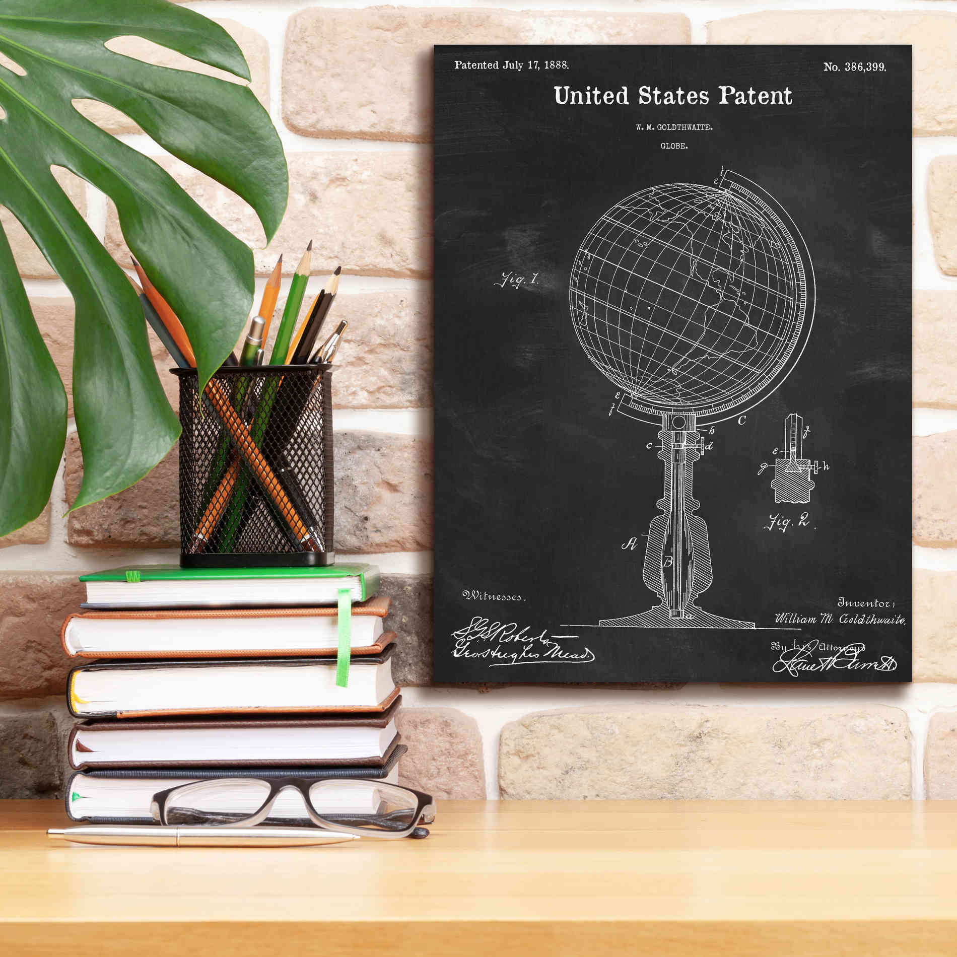 'globe Blueprint Patent Chalkboard,' Canvas Wall Art,12 x 16