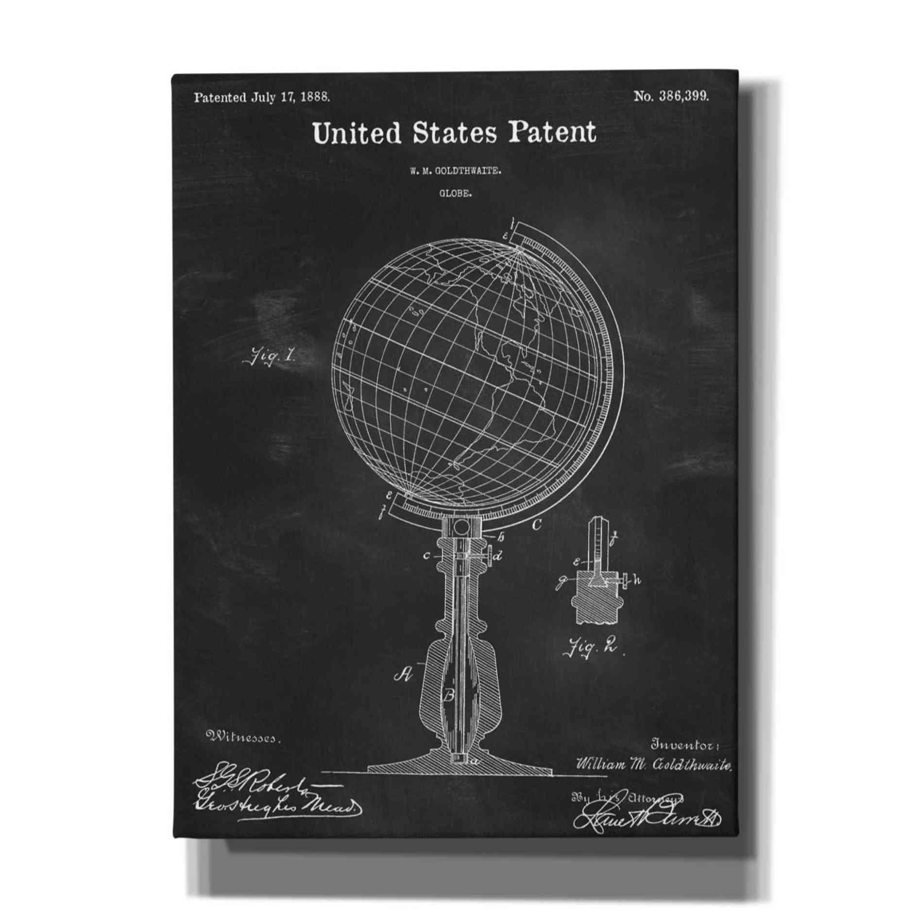 'globe Blueprint Patent Chalkboard,' Canvas Wall Art,12x16x1.1x0,18x26x1.1x0,26x34x1.74x0,40x54x1.74x0