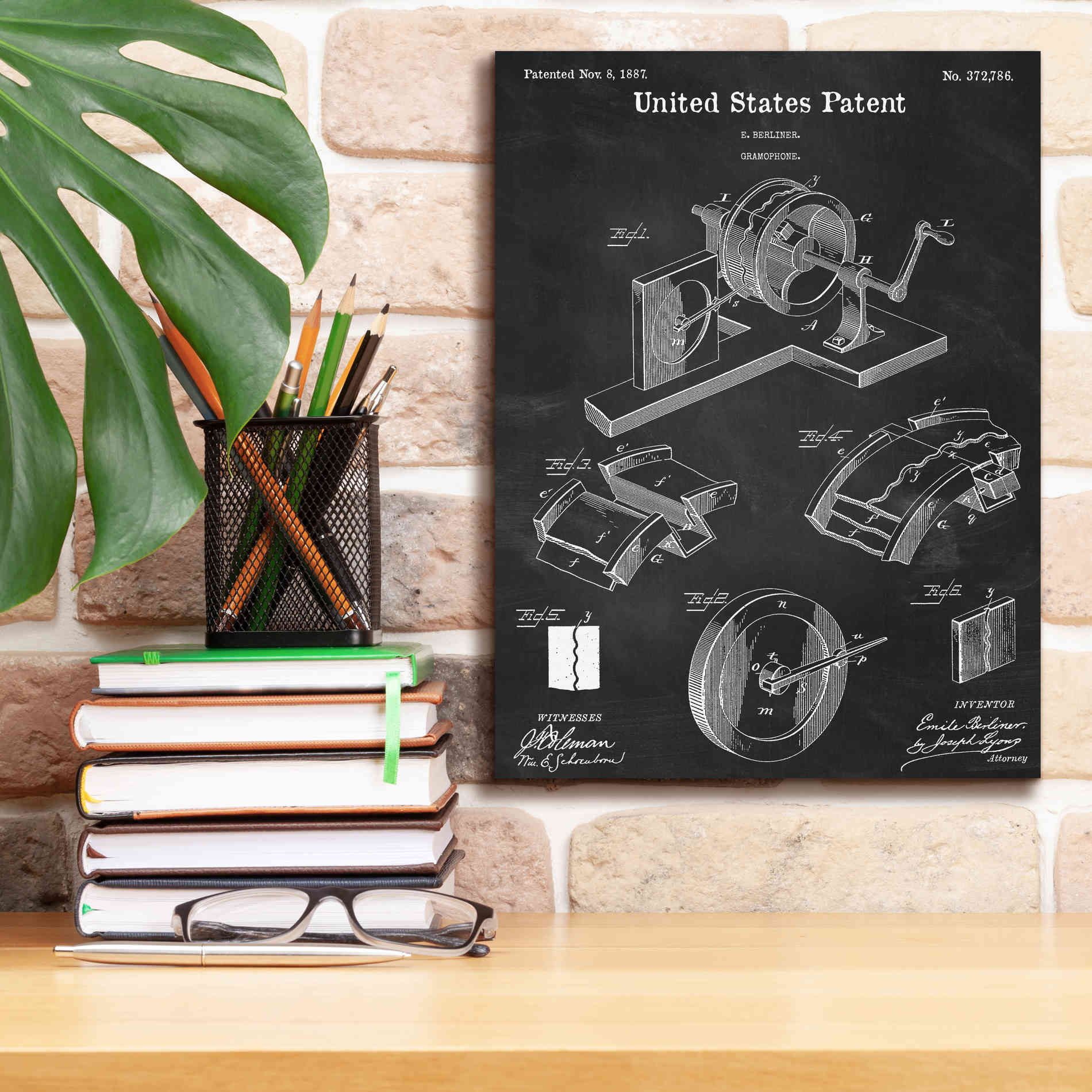 'Gramophone, 1887 Blueprint Patent Chalkboard,' Canvas Wall Art,12 x 16