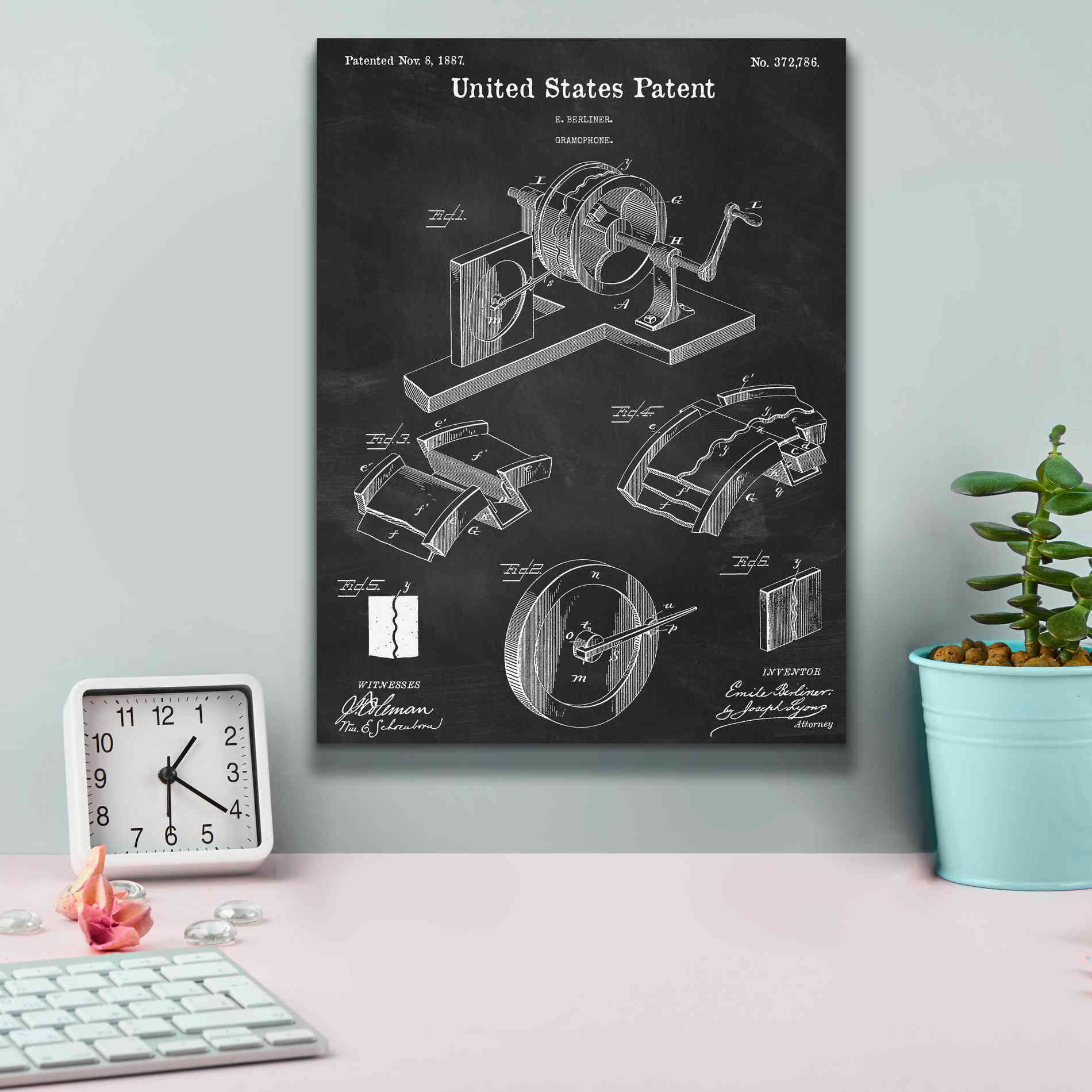 'Gramophone, 1887 Blueprint Patent Chalkboard,' Canvas Wall Art,12 x 16