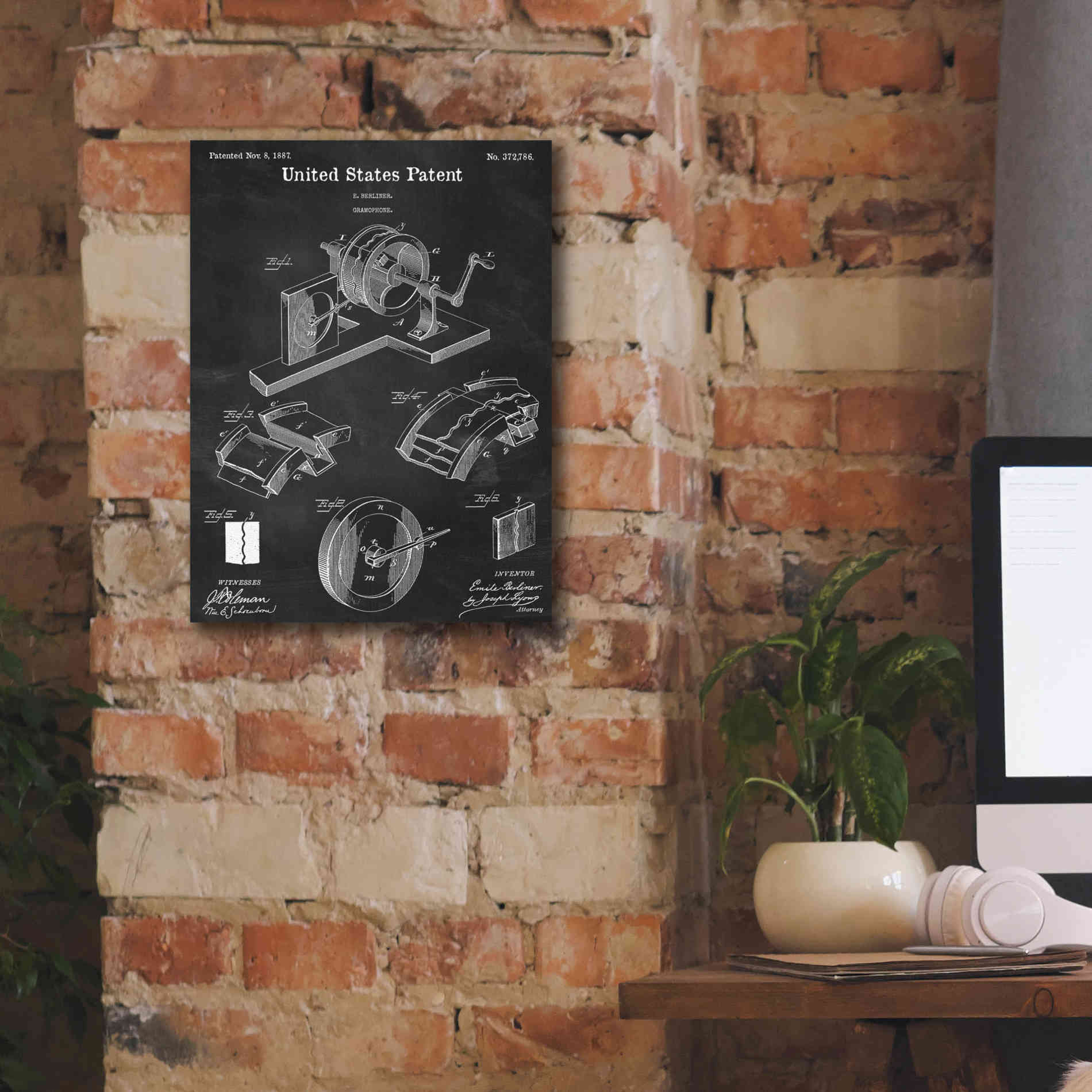 'Gramophone, 1887 Blueprint Patent Chalkboard,' Canvas Wall Art,12 x 16