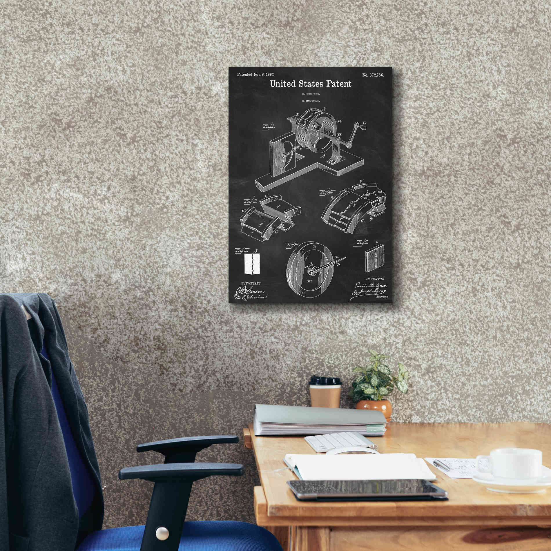 'Gramophone, 1887 Blueprint Patent Chalkboard,' Canvas Wall Art,18 x 26