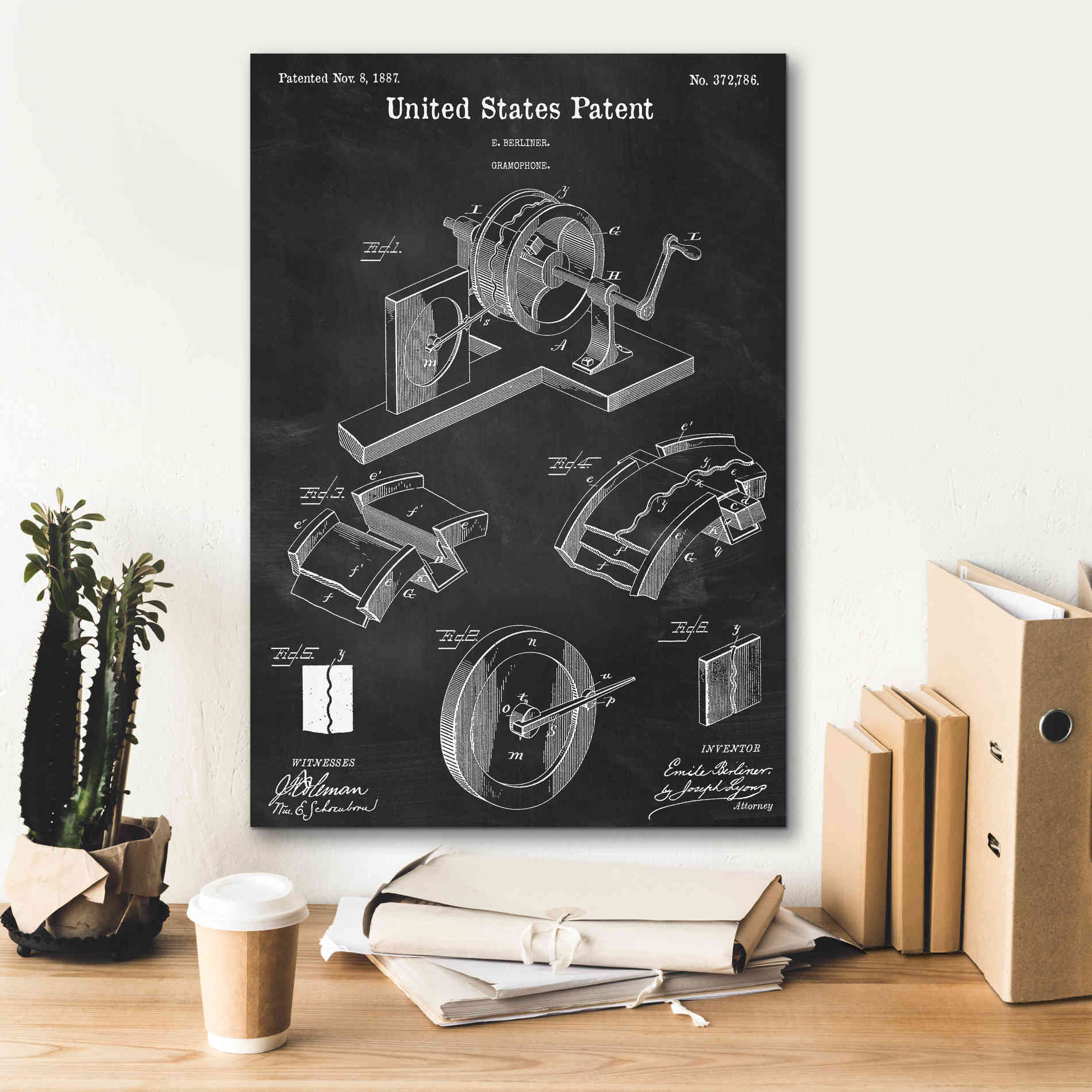 'Gramophone, 1887 Blueprint Patent Chalkboard,' Canvas Wall Art,18 x 26