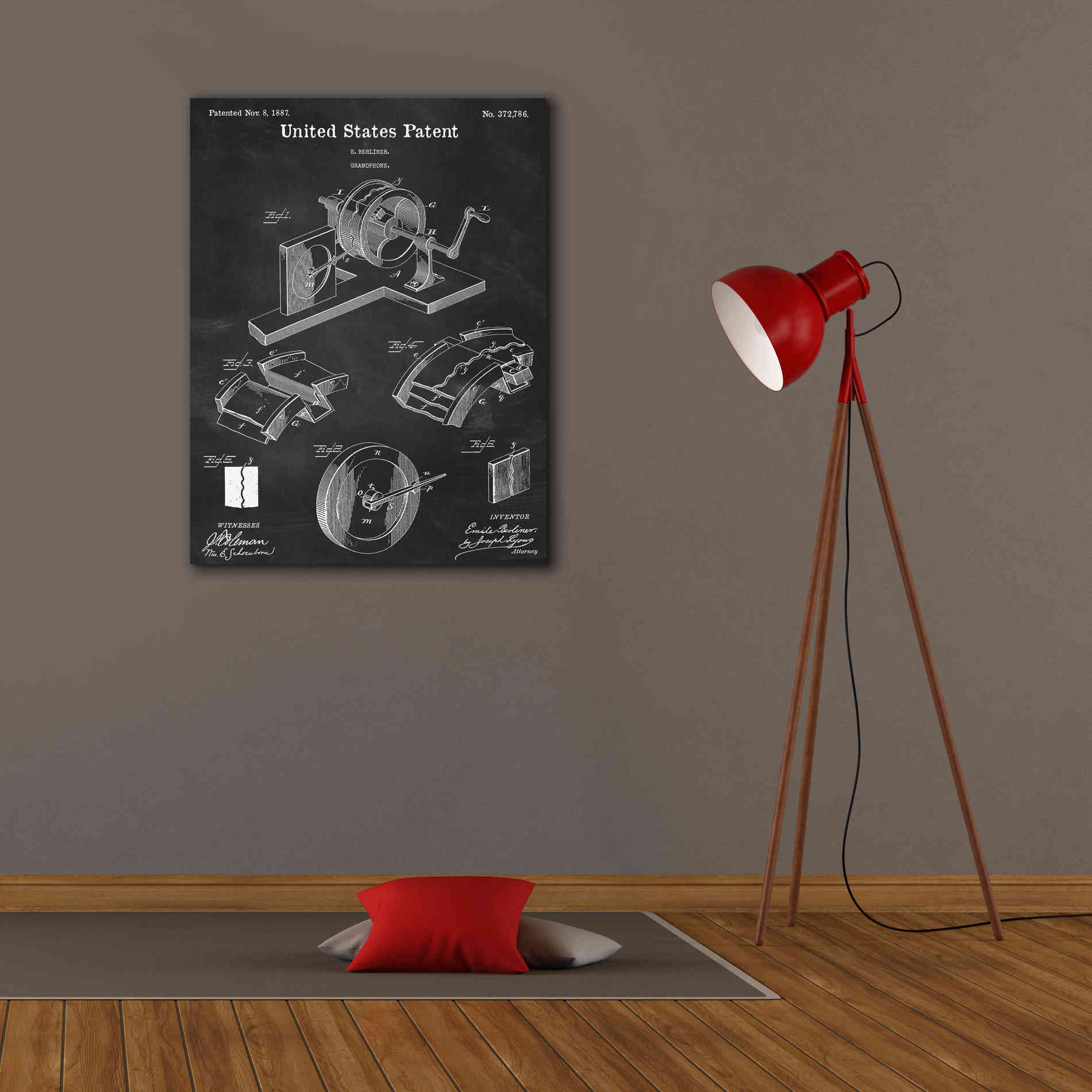 'Gramophone, 1887 Blueprint Patent Chalkboard,' Canvas Wall Art,26 x 34