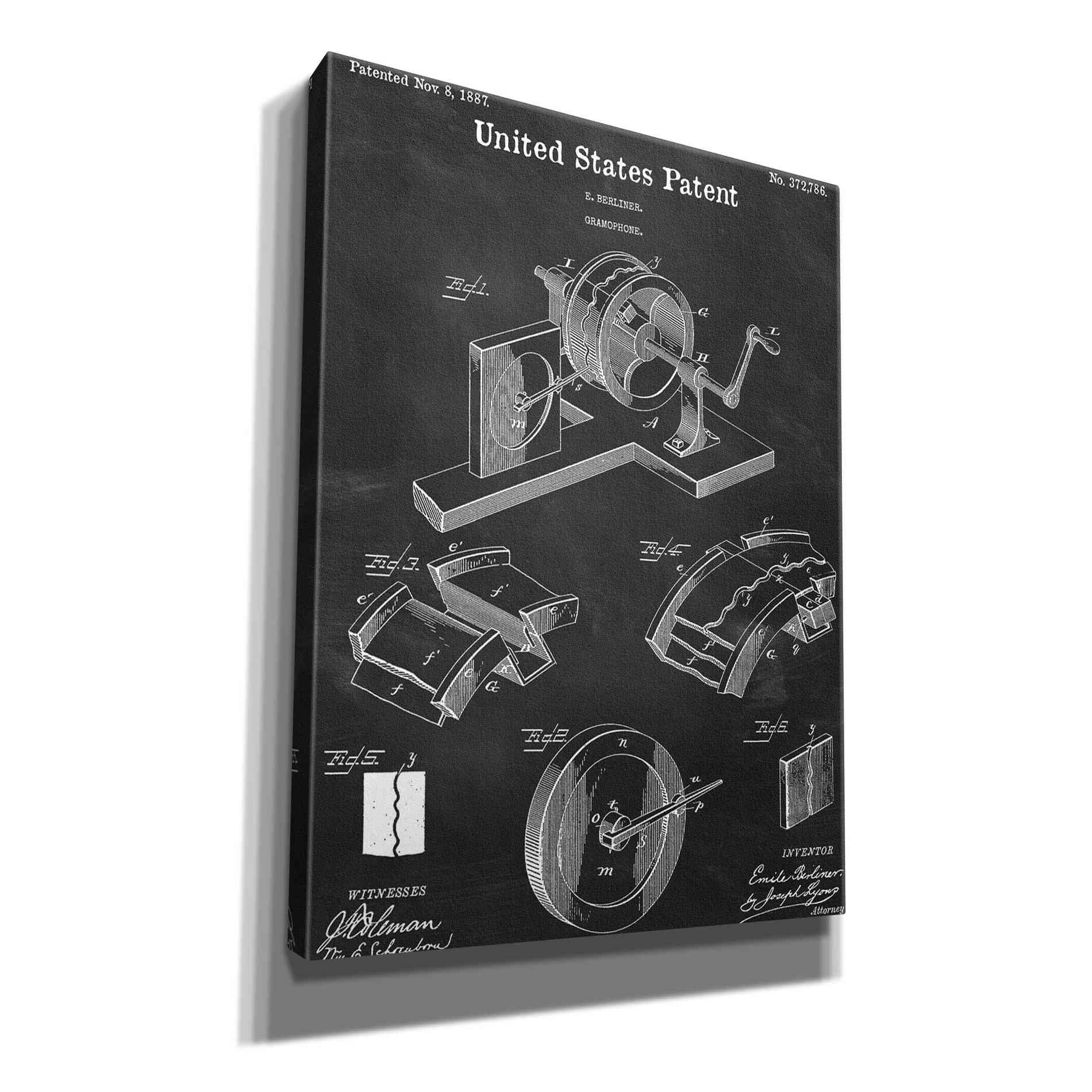 'Gramophone, 1887 Blueprint Patent Chalkboard,' Canvas Wall Art,12x16x1.1x0,18x26x1.1x0,26x34x1.74x0,40x54x1.74x0