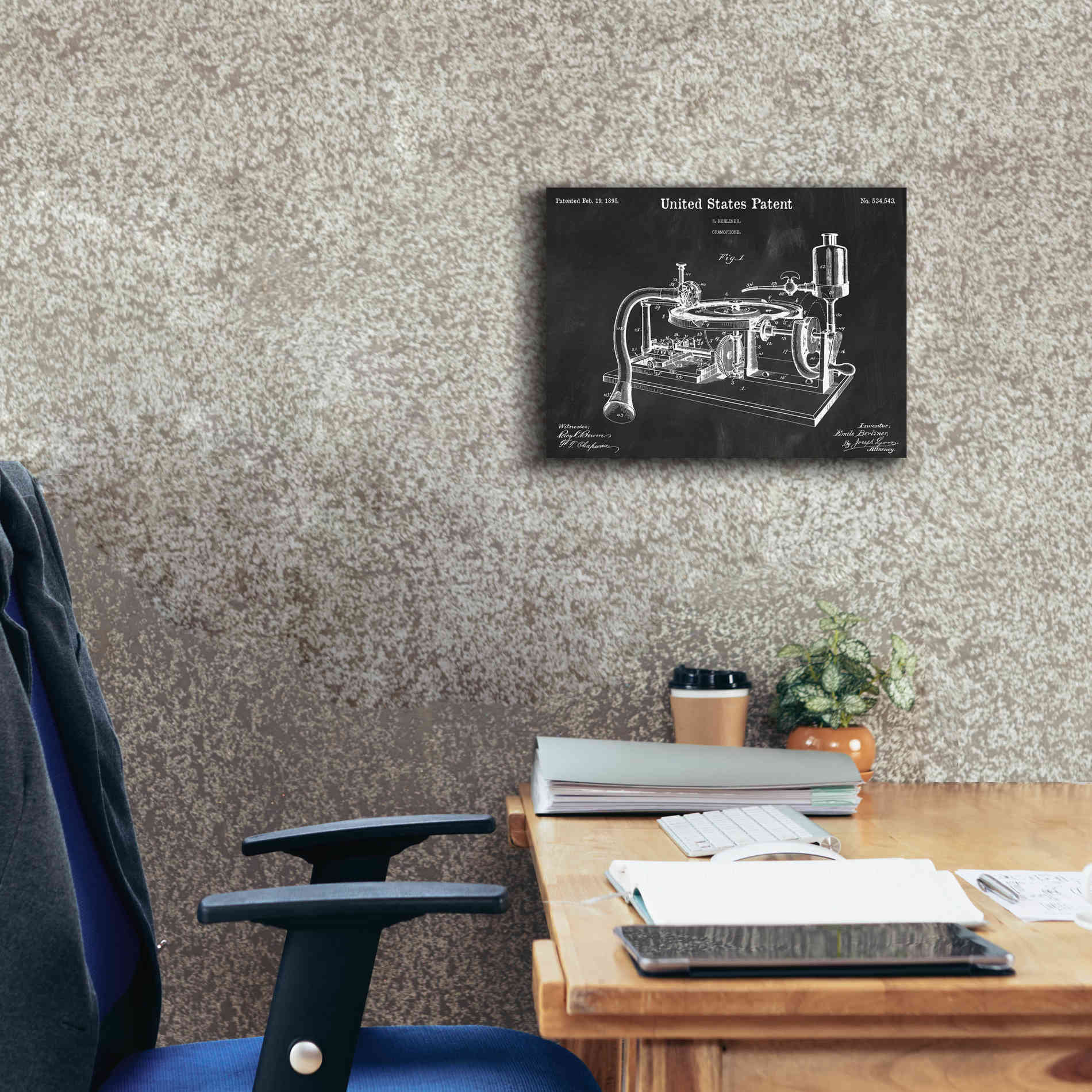 'Gramophone, 1895 Blueprint Patent Chalkboard,' Canvas Wall Art,16 x 12