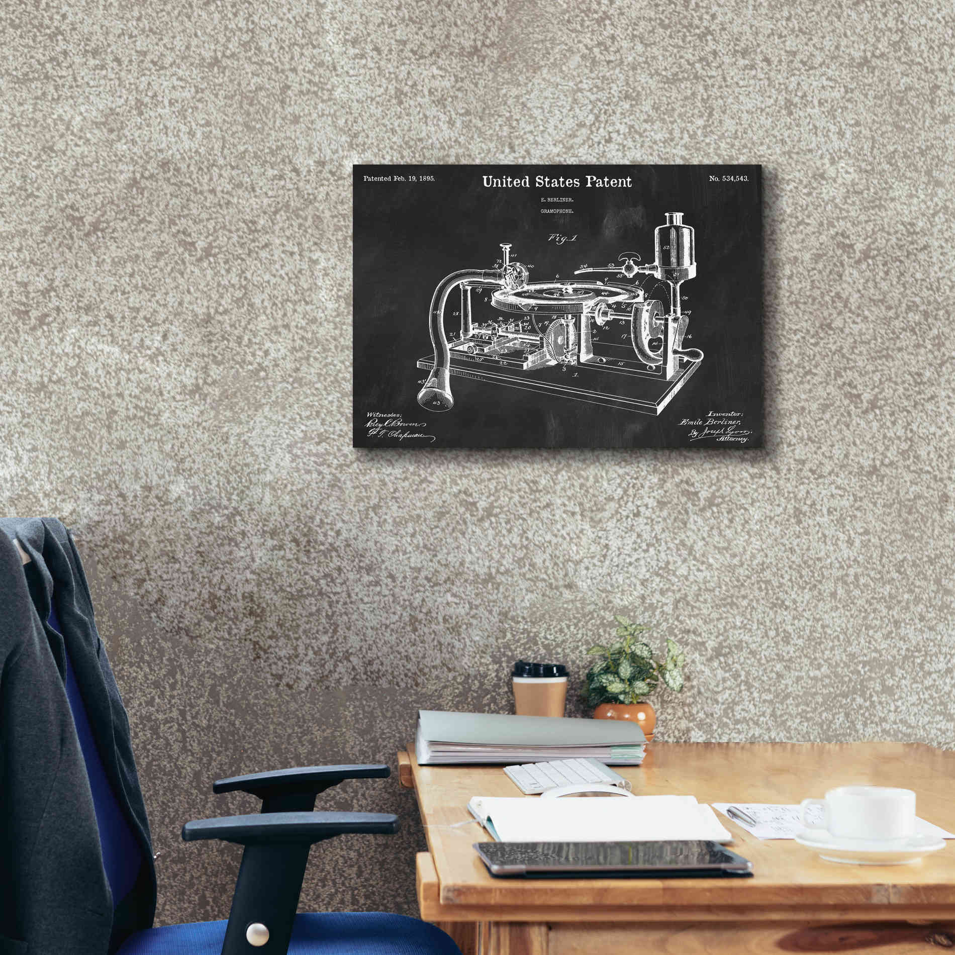 'Gramophone, 1895 Blueprint Patent Chalkboard,' Canvas Wall Art,26 x 18