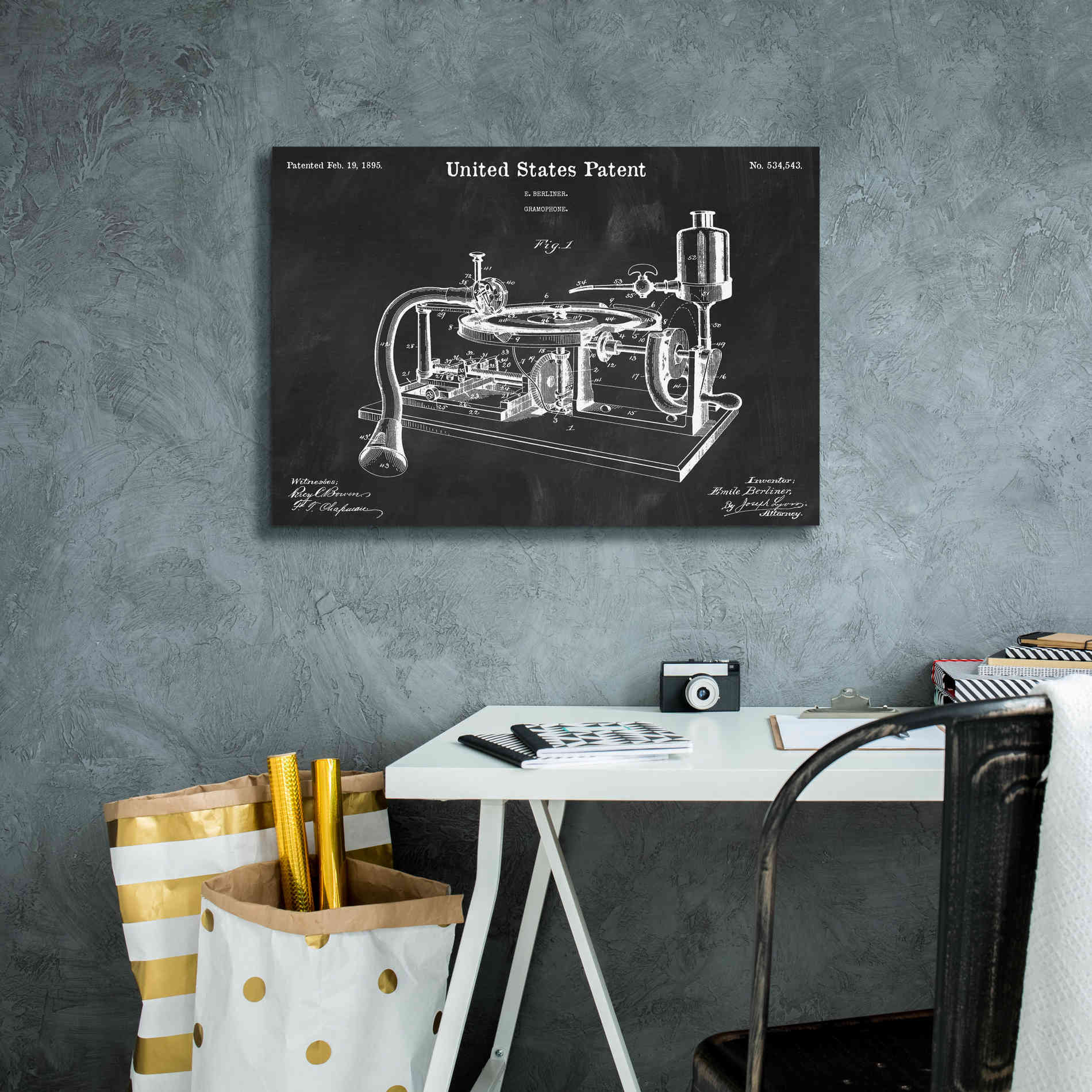 'Gramophone, 1895 Blueprint Patent Chalkboard,' Canvas Wall Art,26 x 18