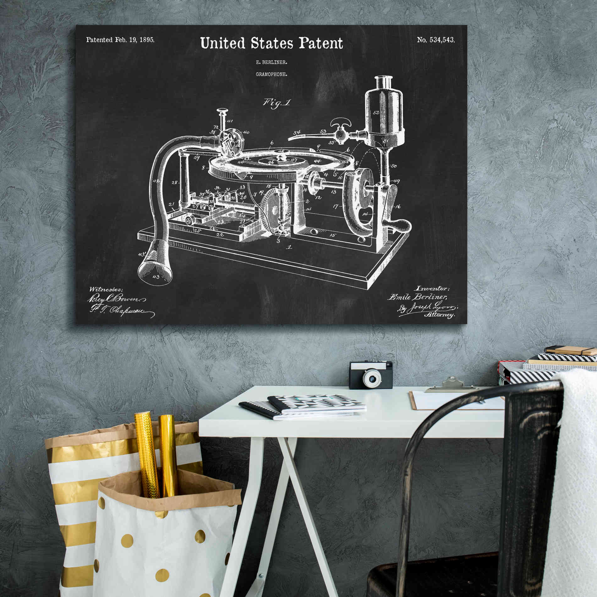 'Gramophone, 1895 Blueprint Patent Chalkboard,' Canvas Wall Art,34 x 26