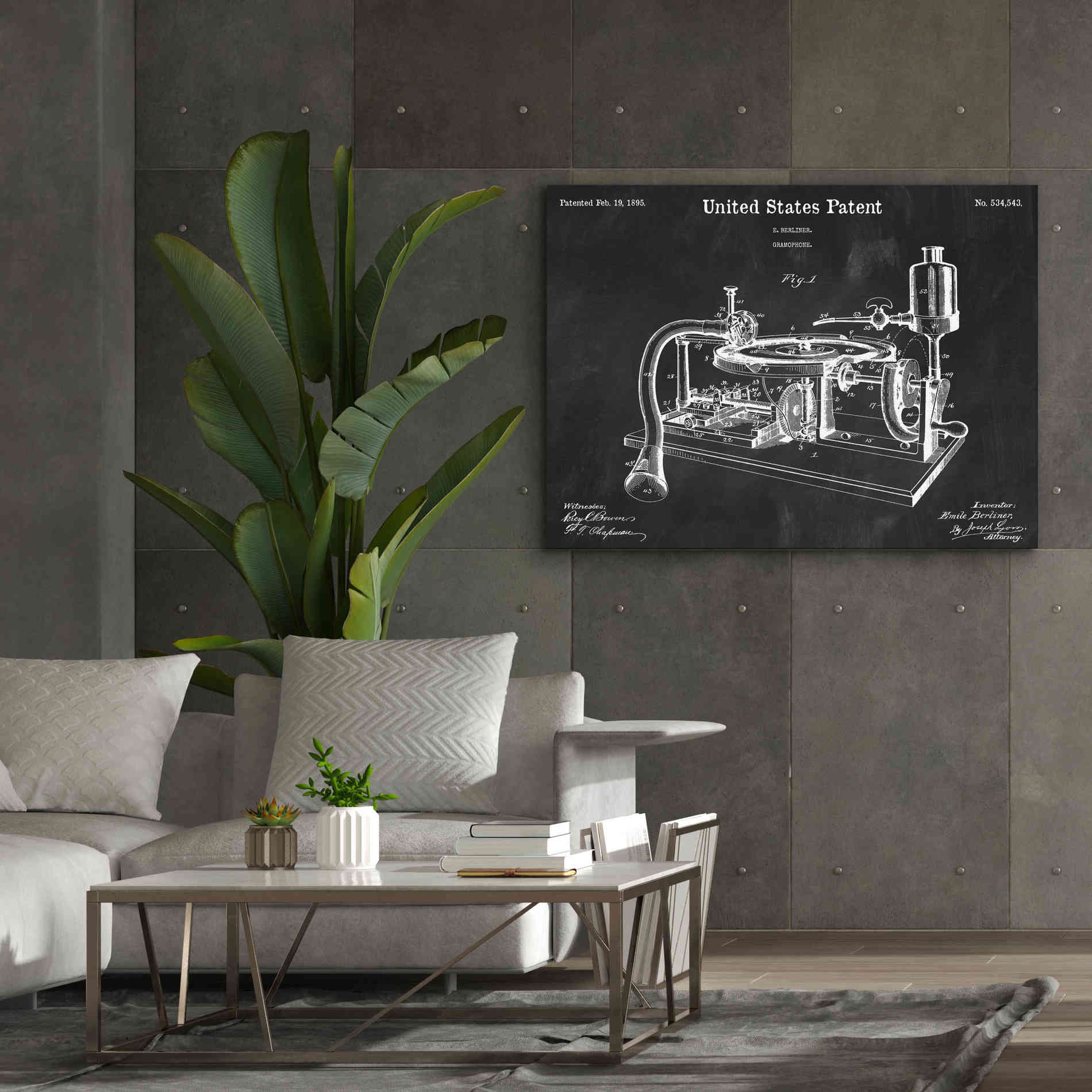 'Gramophone, 1895 Blueprint Patent Chalkboard,' Canvas Wall Art,54 x 40