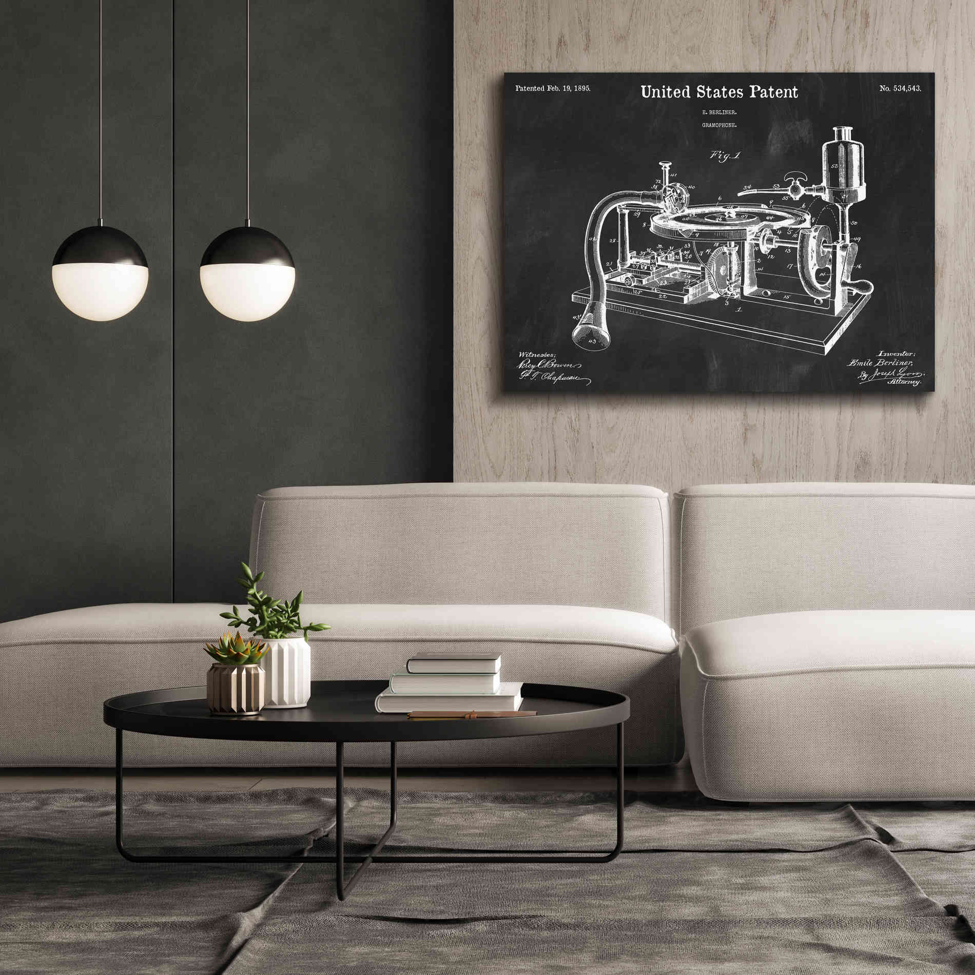 'Gramophone, 1895 Blueprint Patent Chalkboard,' Canvas Wall Art,54 x 40