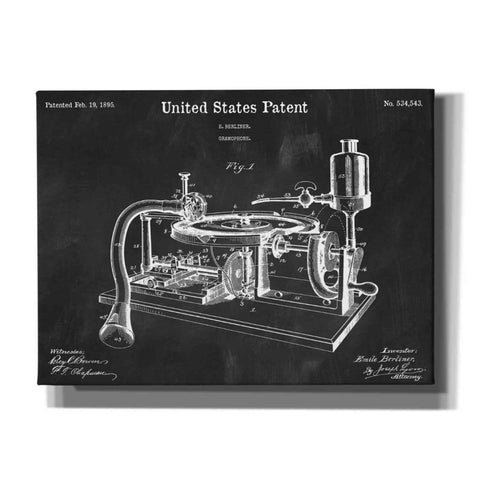 Image of 'Gramophone, 1895 Blueprint Patent Chalkboard,' Canvas Wall Art,16x12x1.1x0,26x18x1.1x0,34x26x1.74x0,54x40x1.74x0