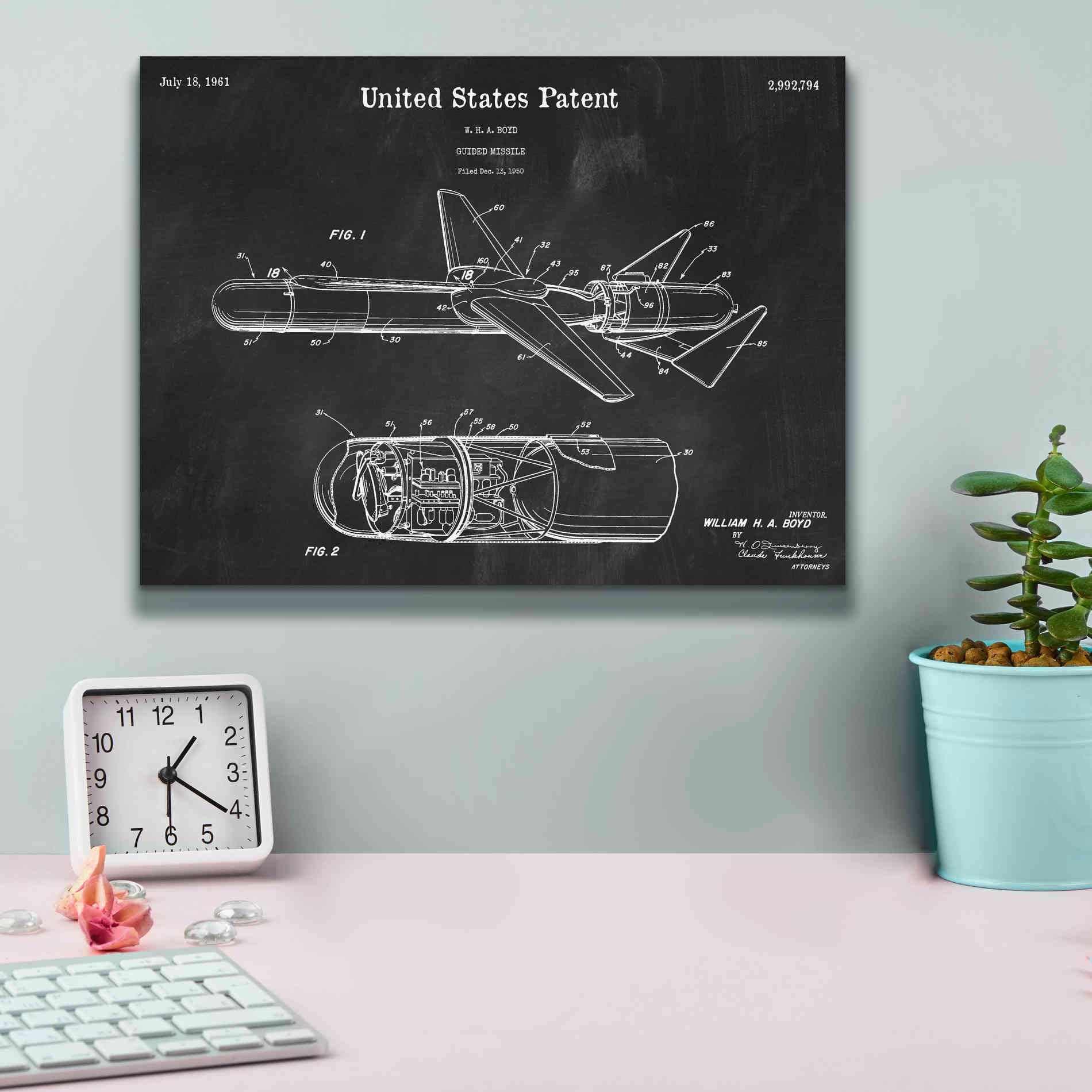 'Cold War Era Guided Missile Blueprint Patent Chalkboard,' Canvas Wall Art,16 x 12
