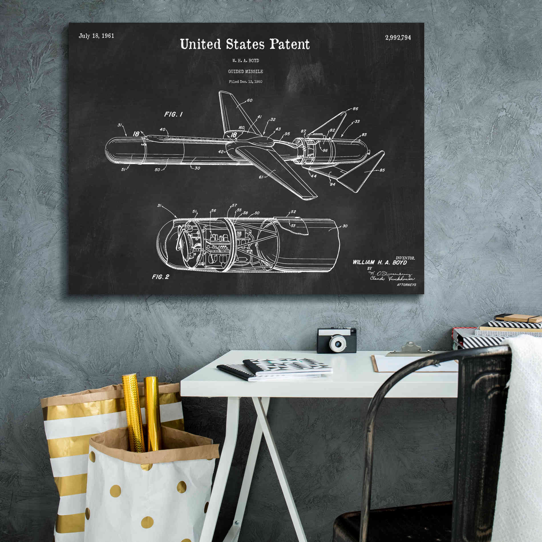 'Cold War Era Guided Missile Blueprint Patent Chalkboard,' Canvas Wall Art,34 x 26