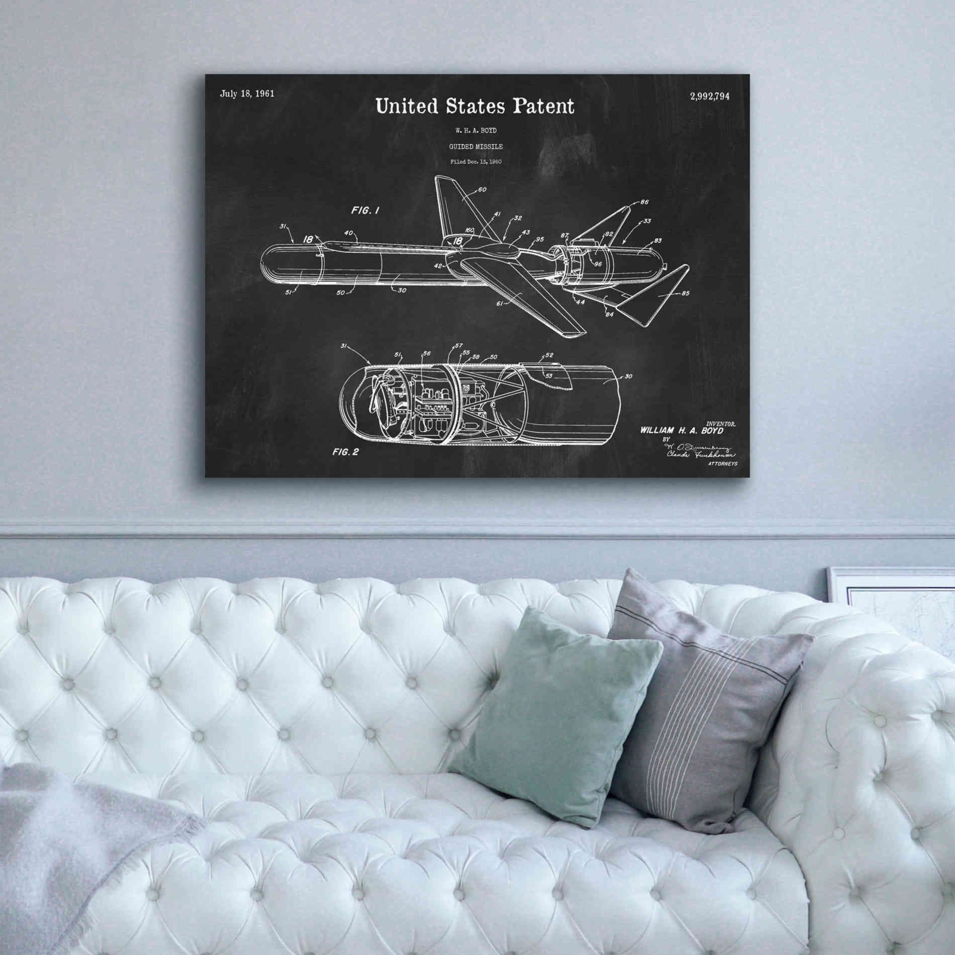 'Cold War Era Guided Missile Blueprint Patent Chalkboard,' Canvas Wall Art,54 x 40