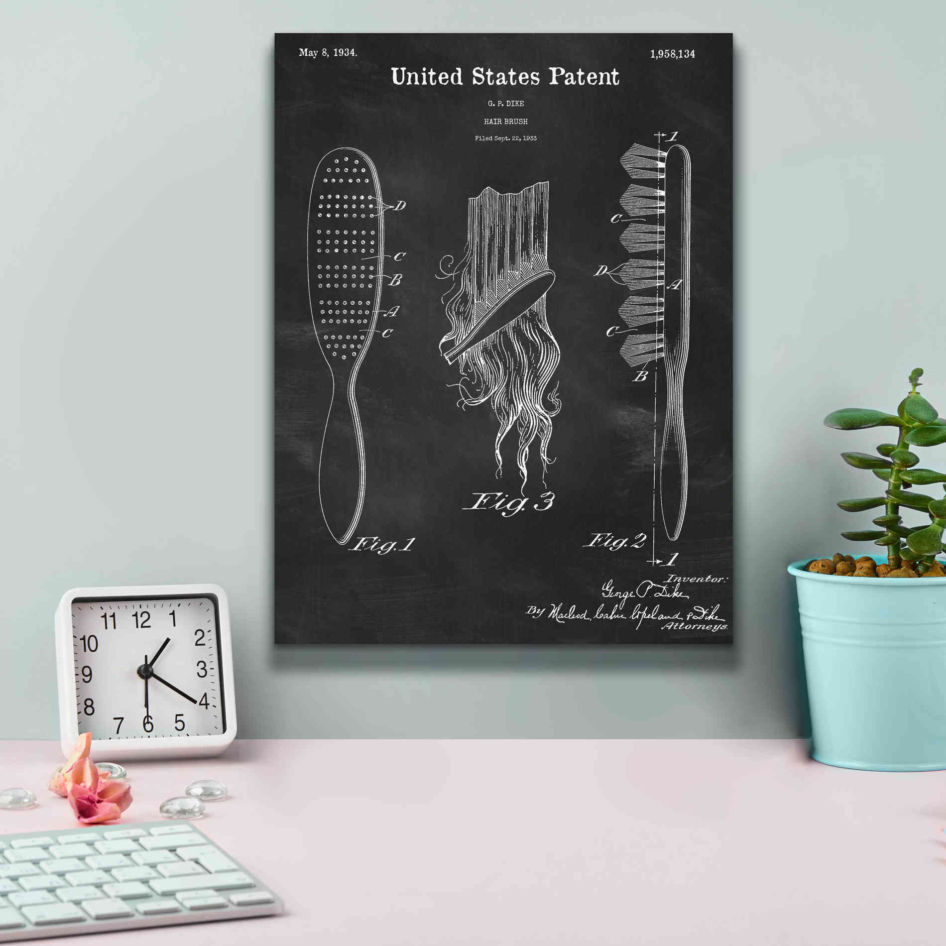 'Hair Brush Blueprint Patent Chalkboard,' Canvas Wall Art,12 x 16
