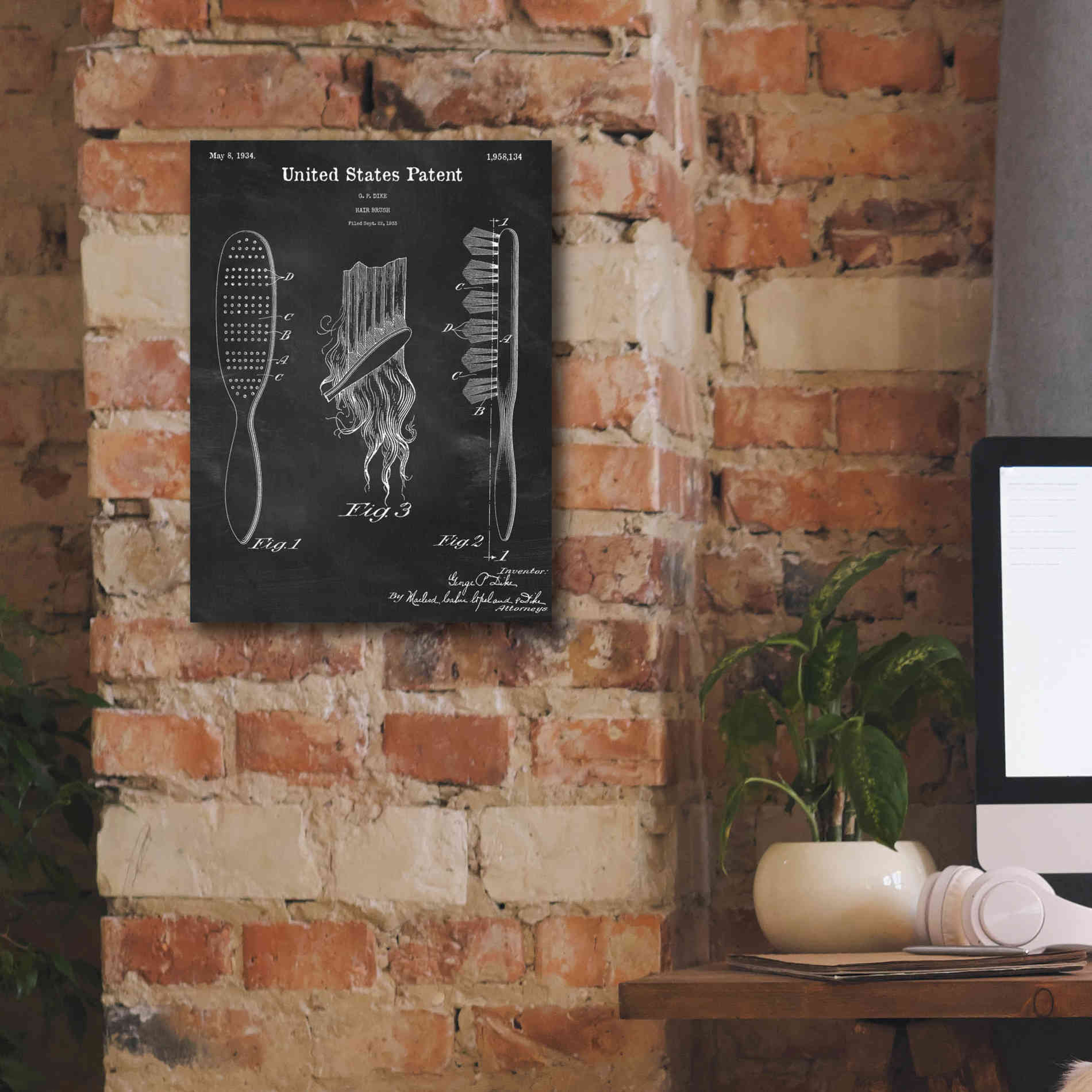 'Hair Brush Blueprint Patent Chalkboard,' Canvas Wall Art,12 x 16