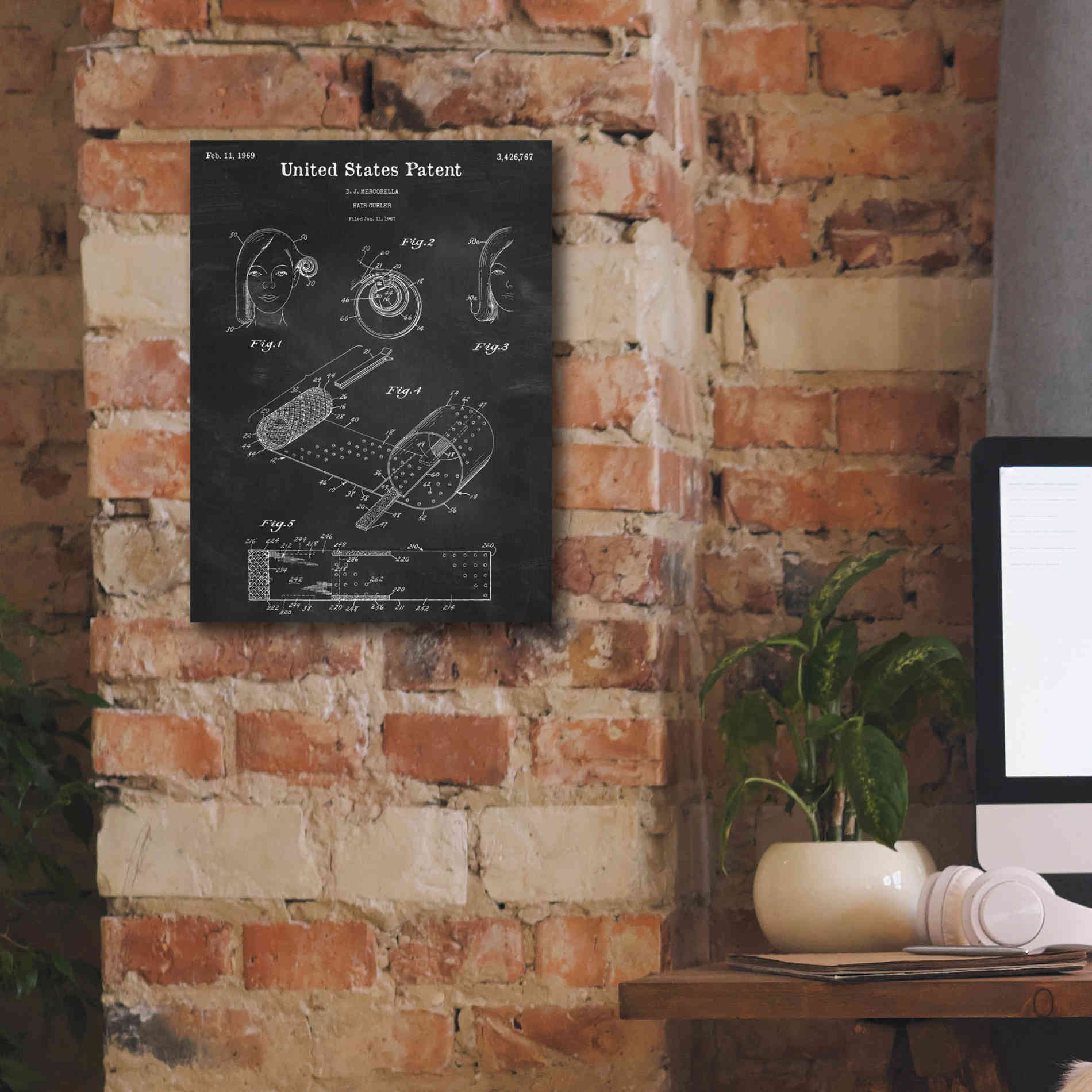 'Hair Curler Blueprint Patent Chalkboard,' Canvas Wall Art,12 x 16