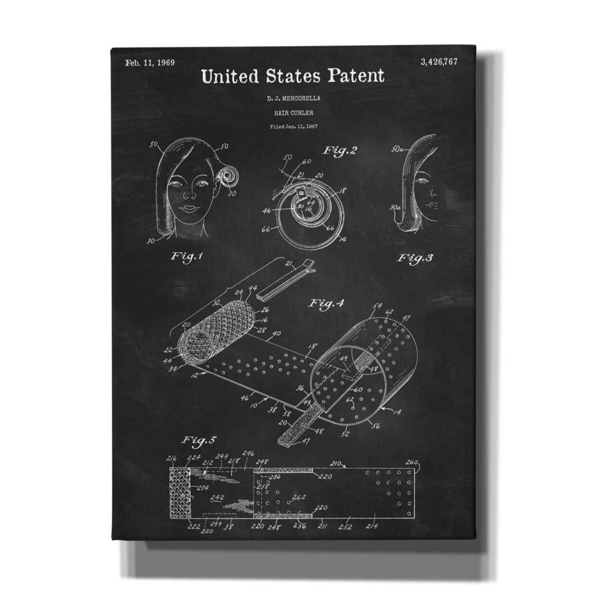 'Hair Curler Blueprint Patent Chalkboard,' Canvas Wall Art,12x16x1.1x0,18x26x1.1x0,26x34x1.74x0,40x54x1.74x0