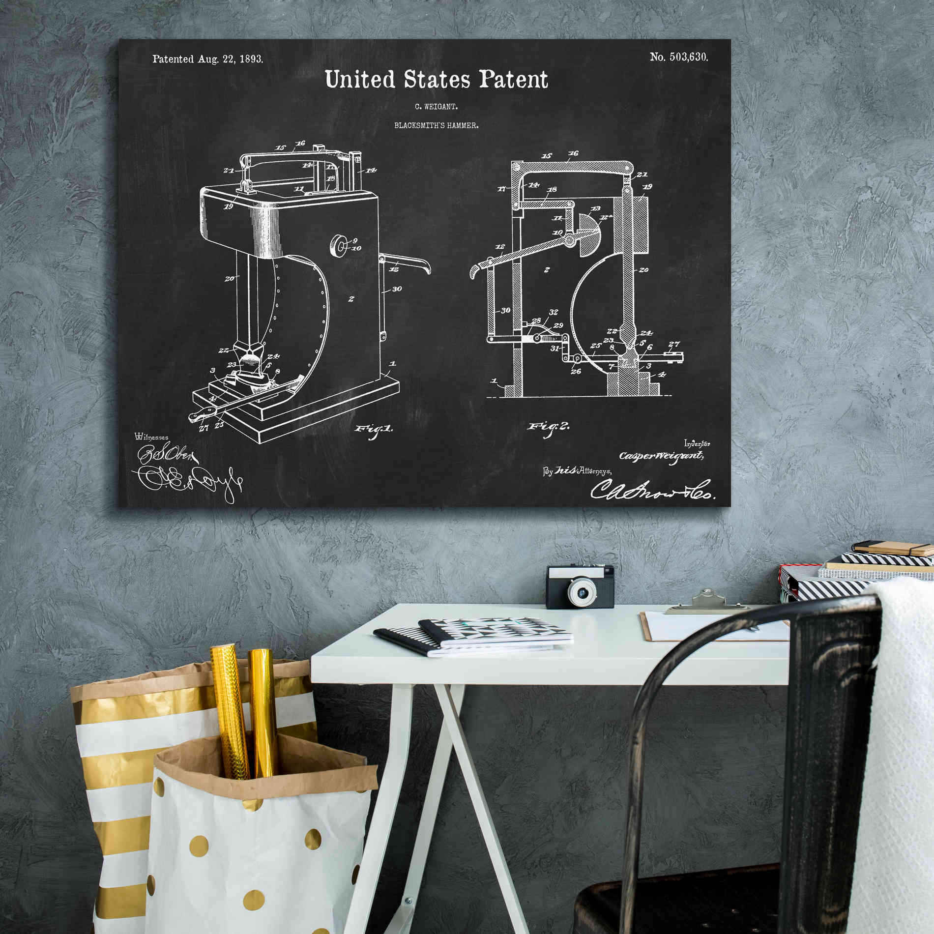 'Blacksmith's Hammer Blueprint Patent Chalkboard' Canvas Wall Art,34 x 26