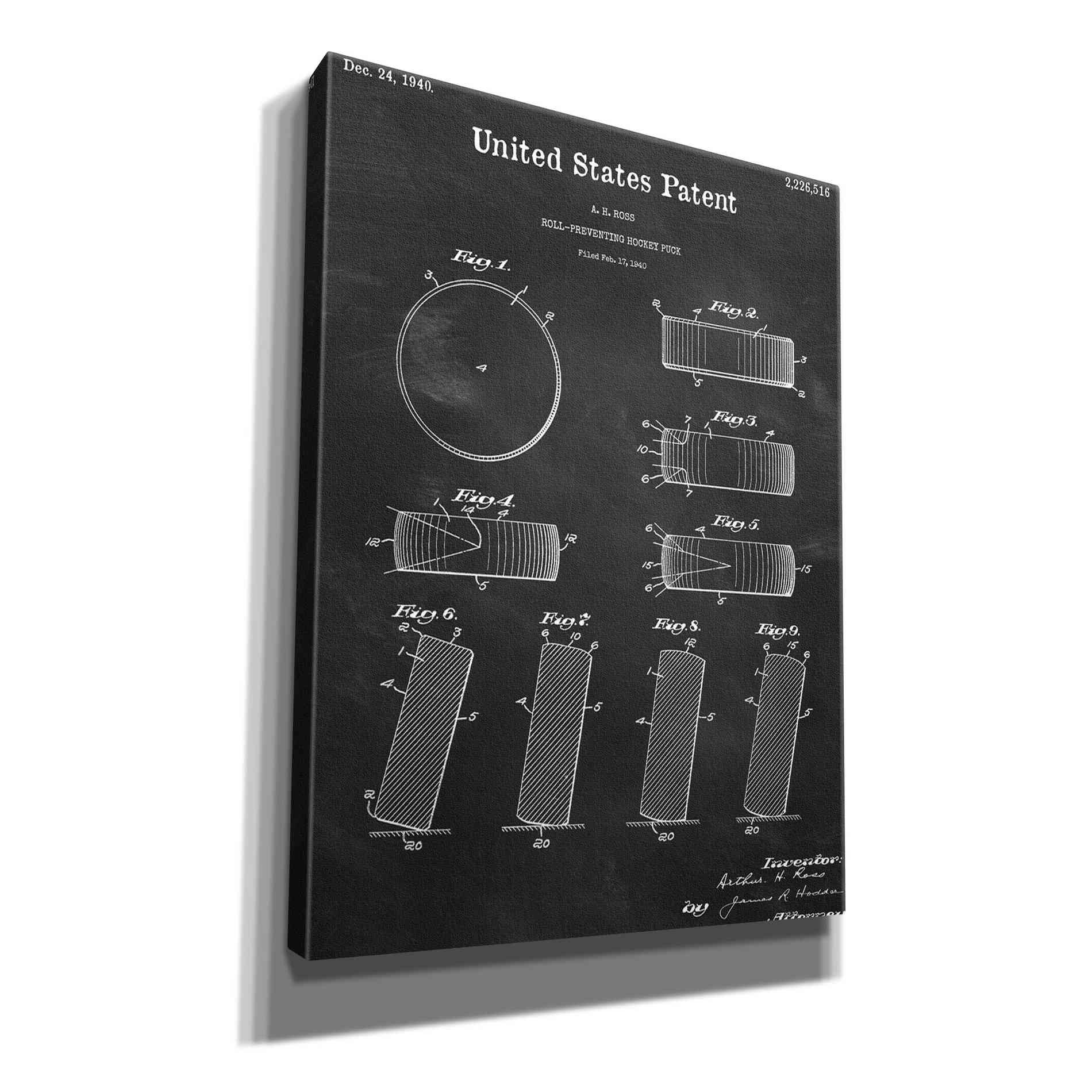 'Hockey Puck Blueprint Patent Chalkboard,' Canvas Wall Art,12x16x1.1x0,18x26x1.1x0,26x34x1.74x0,40x54x1.74x0