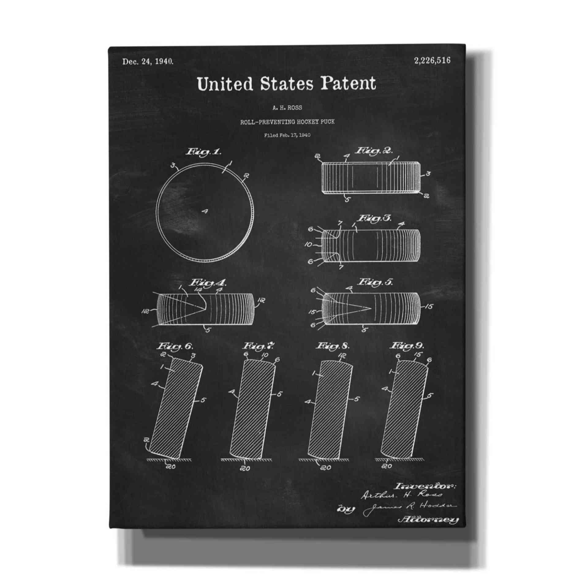 'Hockey Puck Blueprint Patent Chalkboard,' Canvas Wall Art,12x16x1.1x0,18x26x1.1x0,26x34x1.74x0,40x54x1.74x0