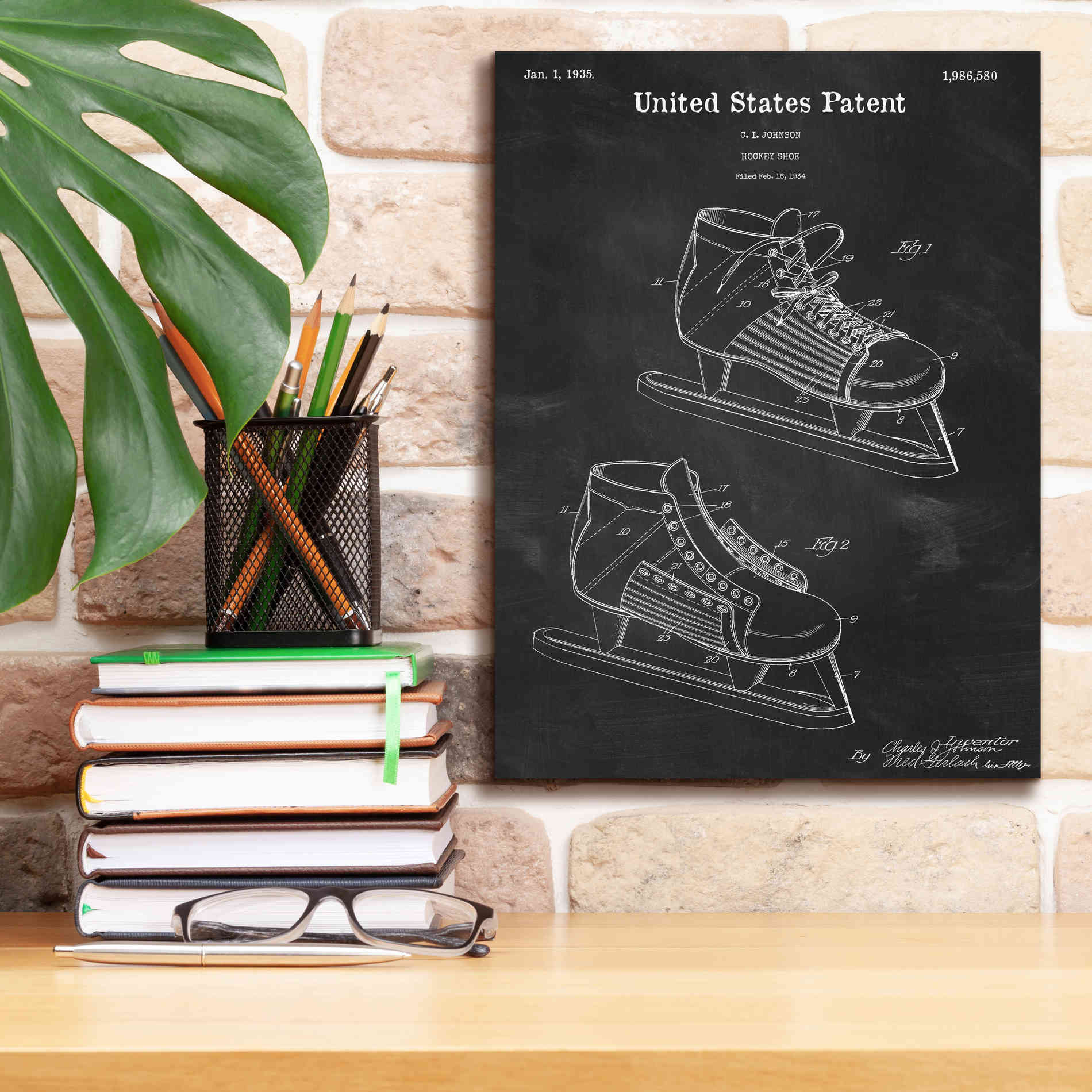 'Hockey Shoe, 1935 Blueprint Patent Chalkboard,' Canvas Wall Art,12 x 16