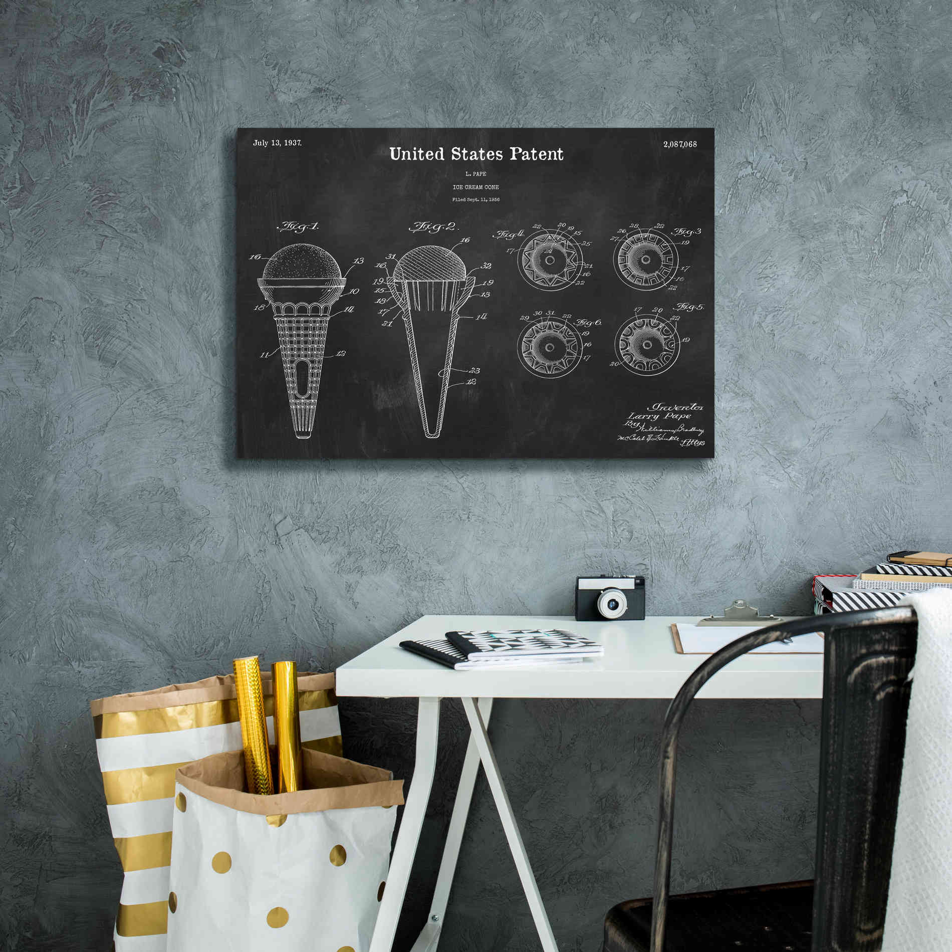 'Ice Cream Cone Blueprint Patent Chalkboard,' Canvas Wall Art,26 x 18