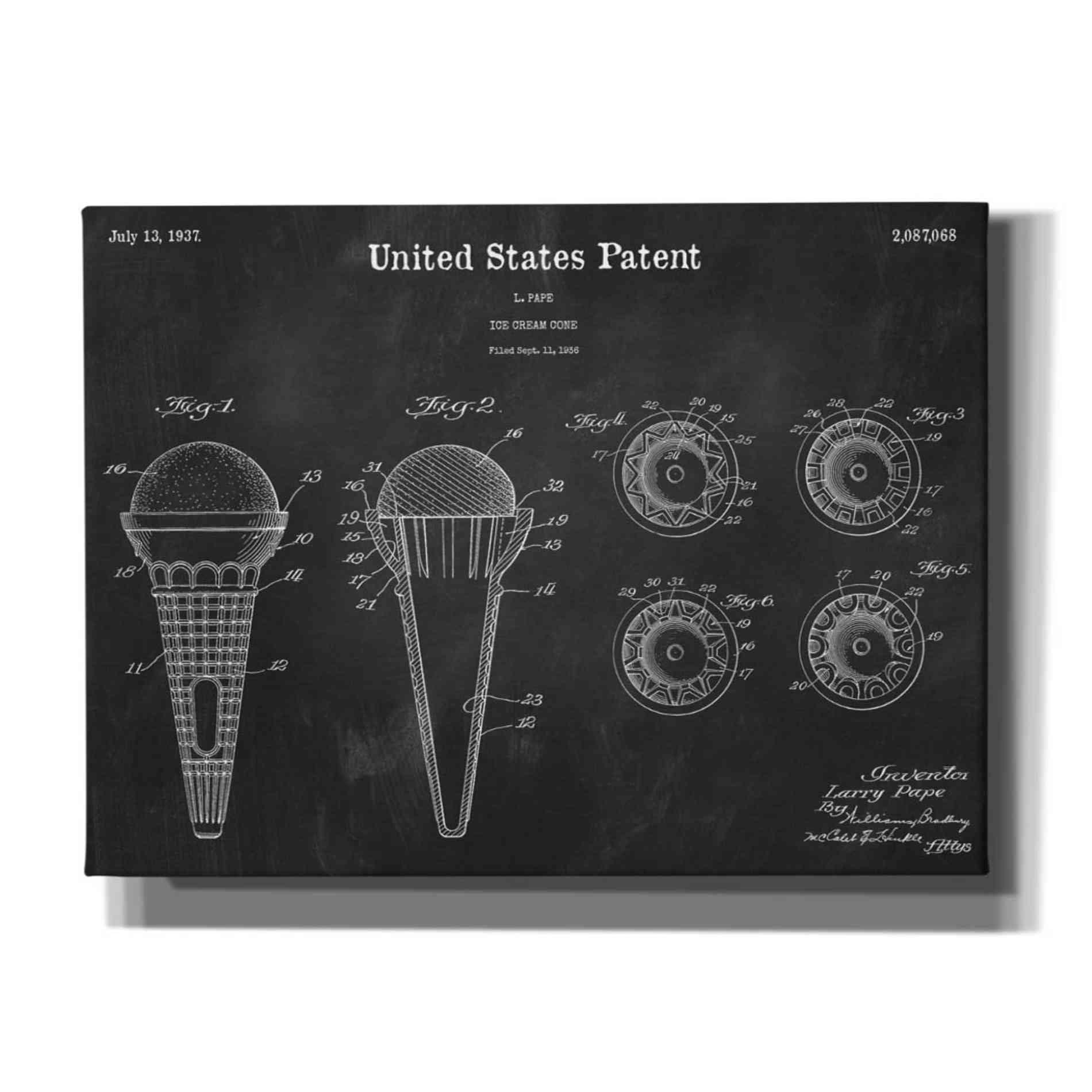 'Ice Cream Cone Blueprint Patent Chalkboard,' Canvas Wall Art,16x12x1.1x0,26x18x1.1x0,34x26x1.74x0,54x40x1.74x0