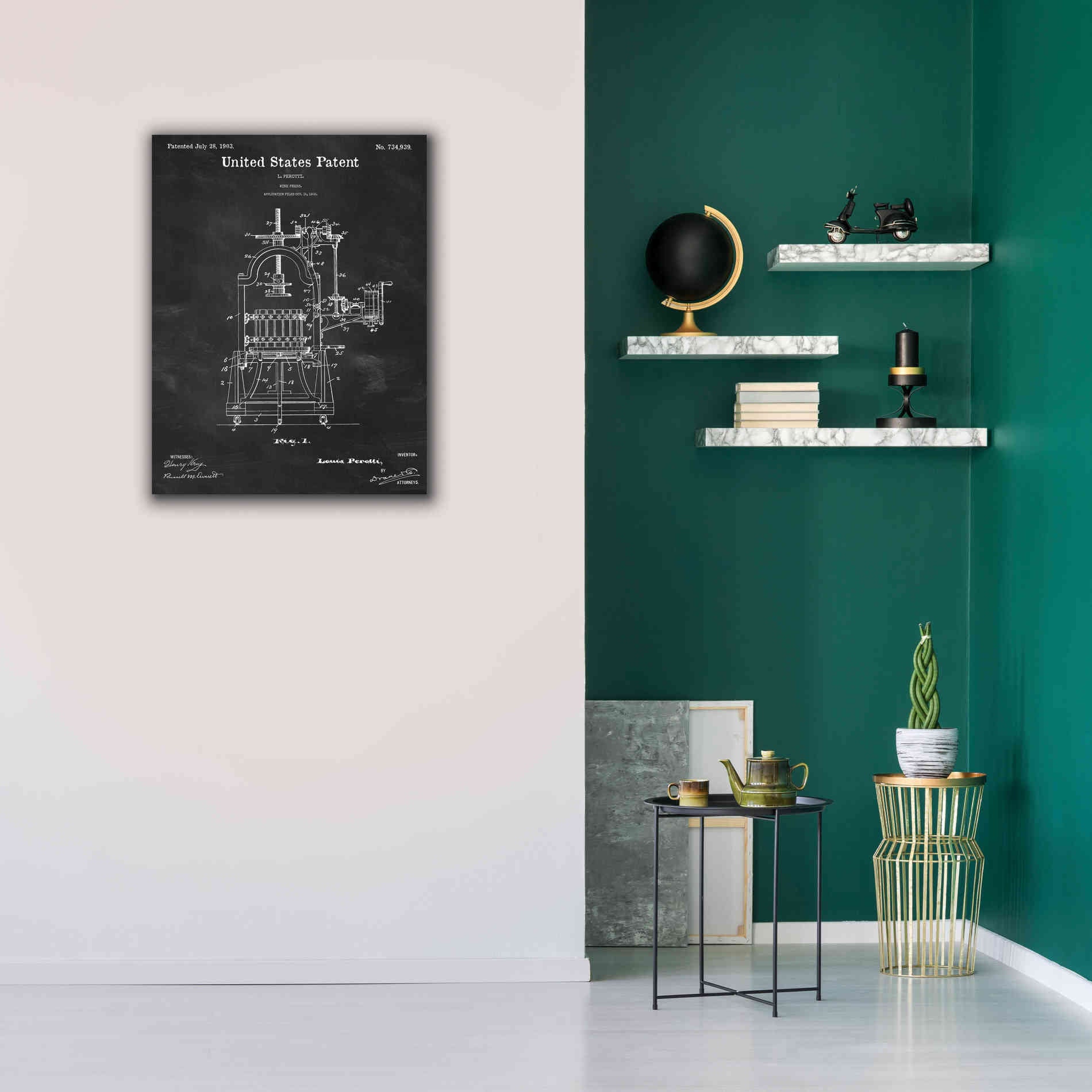 'Wine Press Blueprint Patent Chalkboard,' Canvas Wall Art,26 x 34